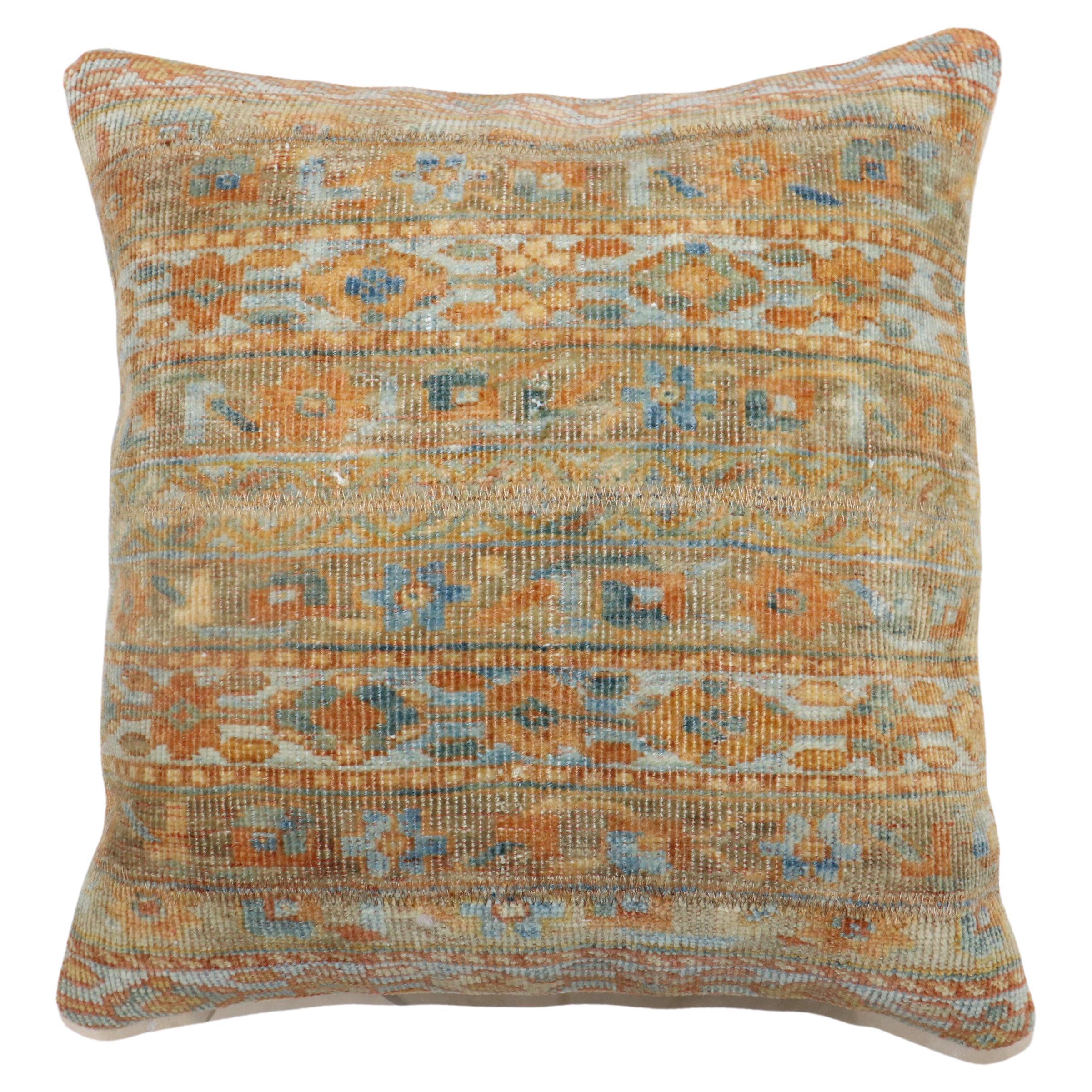 Blue Orange Antique Persian Malayer Rug Pillow For Sale