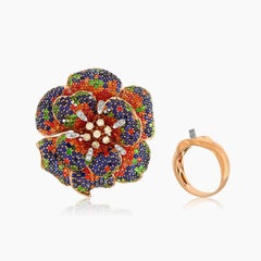 Blue Orange Sapphire & Multi-Gemstone Lilly Flower 18K Rose Gold Flower Ring