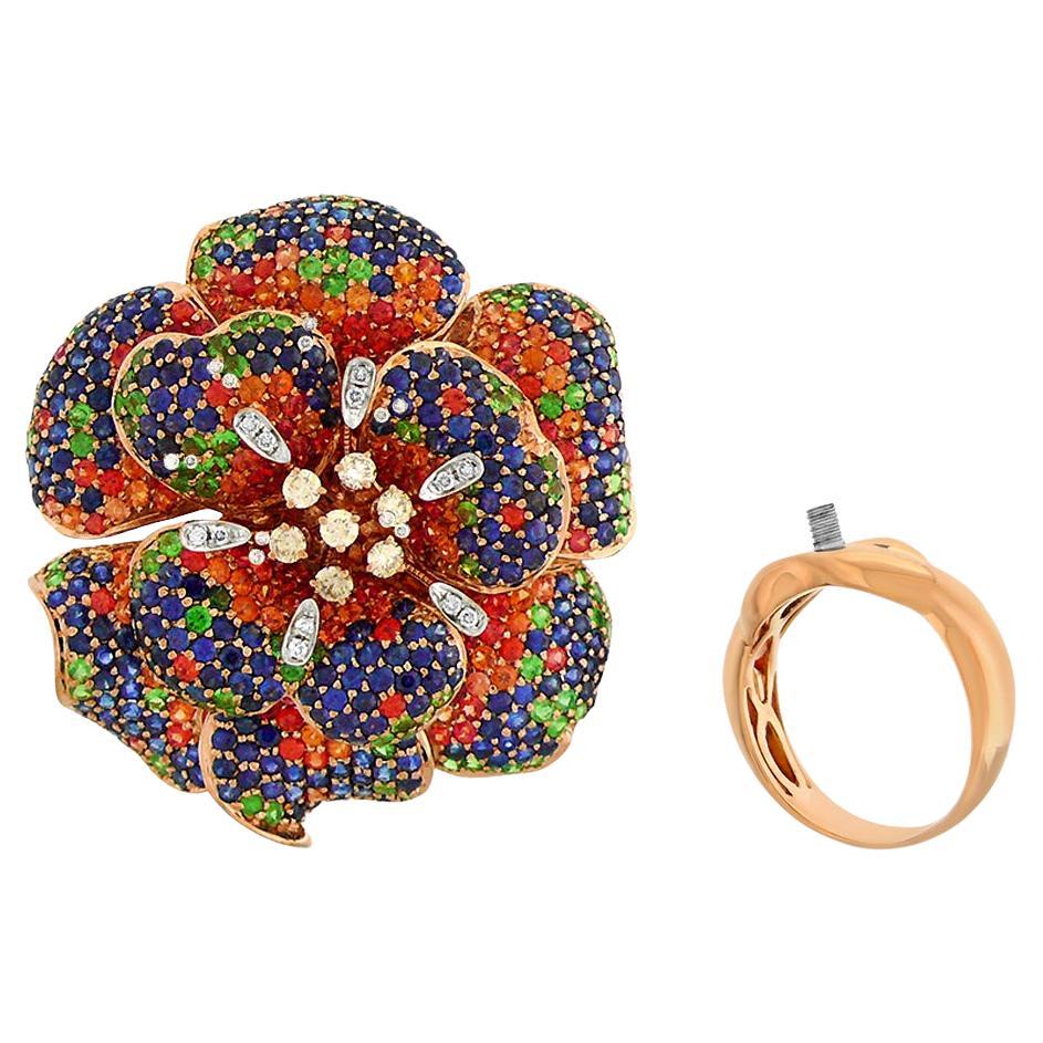 Anello con zaffiro blu arancione e pietra multipla The Lilly Flower in oro rosa 18 carati in vendita