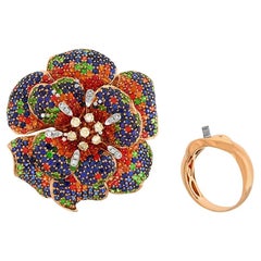 Anello con zaffiro blu arancione e pietra multipla The Lilly Flower in oro rosa 18 carati