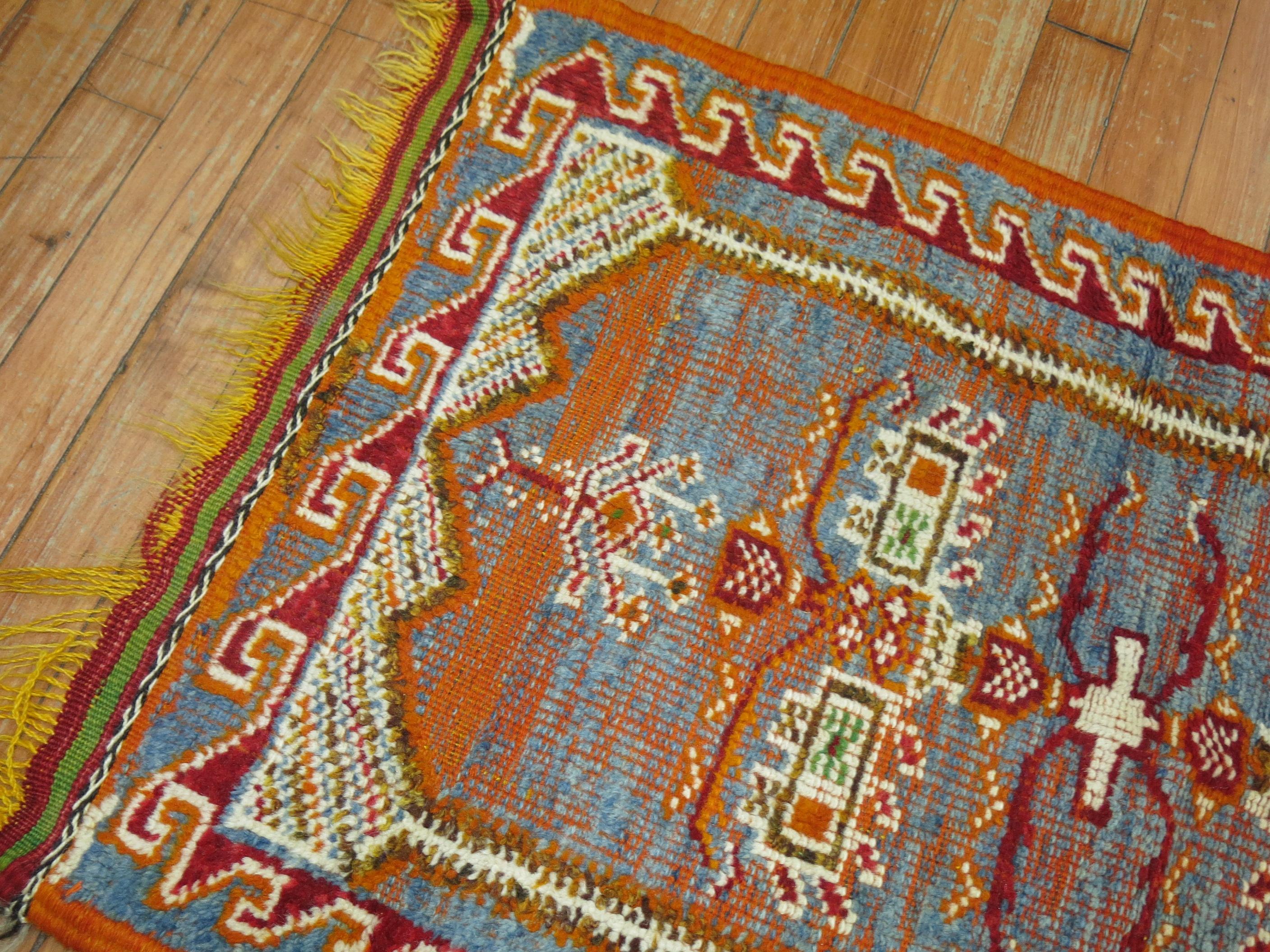 Blue Orange Vintage Moroccan Mini Rug In Good Condition For Sale In New York, NY
