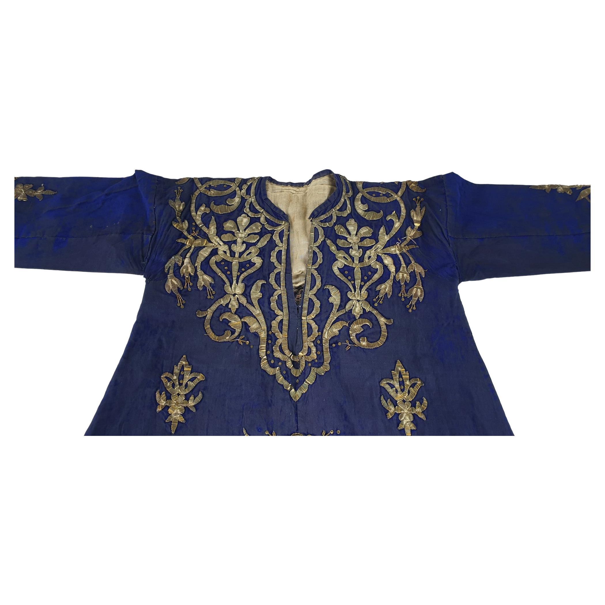 Blue Oriental Caftan With Silver Thread Embroidery, XIXth Century For Sale