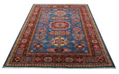 Orientalischer blauer geometrischer Teppich, traditioneller kaukasischer rustikaler Teppich für Wohnzimmer