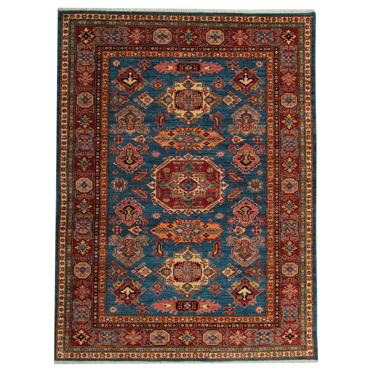Blue Geometric Rug Oriental Carpet, Traditional Kazak Rustic Rug for Living Room For Sale