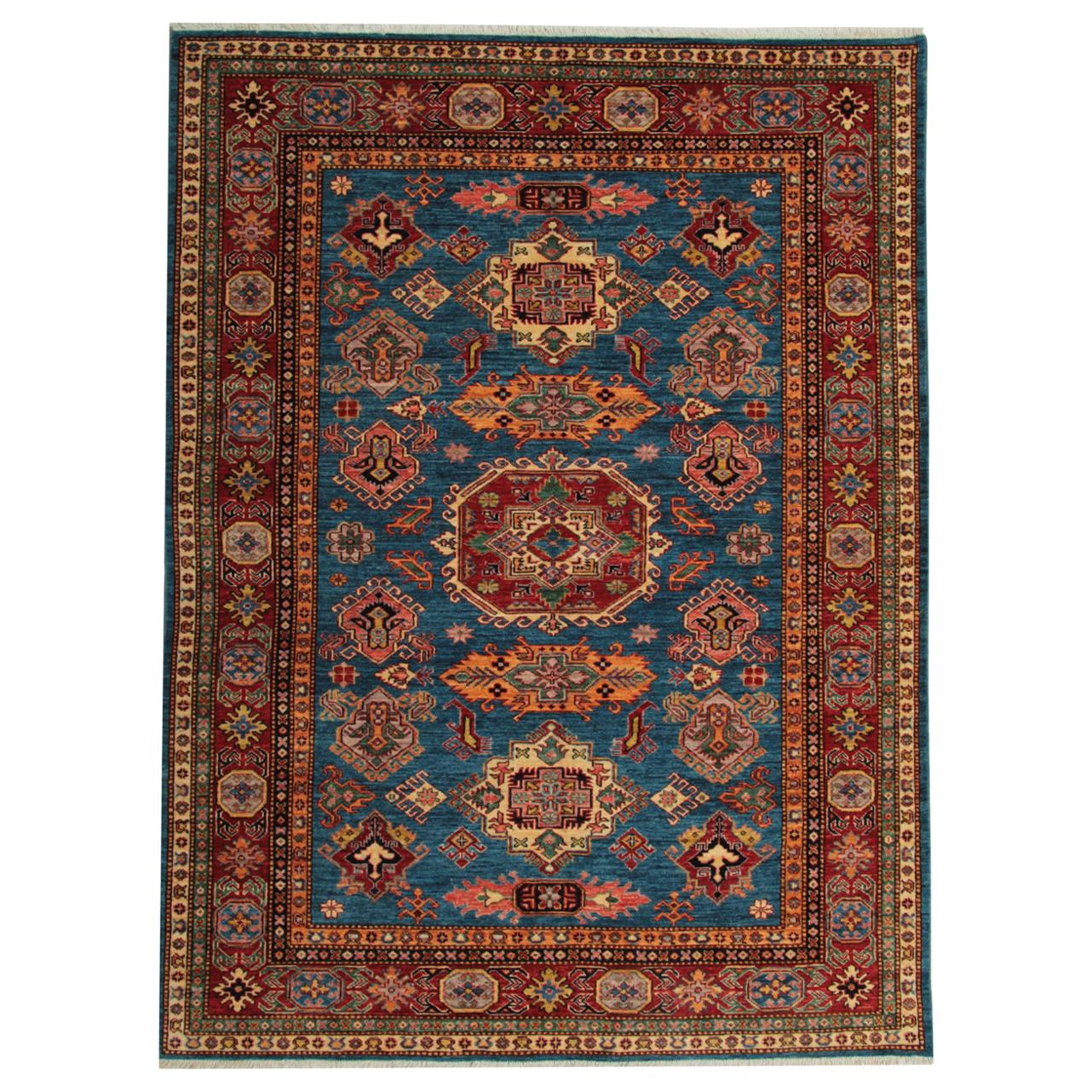 Blue Geometric Rug Oriental Carpet, Traditional Kazak Rustic Rug for Living Room