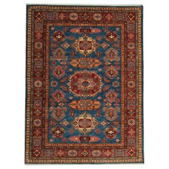 Vintage Blue Geometric Rug Oriental Carpet, Traditional Kazak Rustic Rug for Living Room