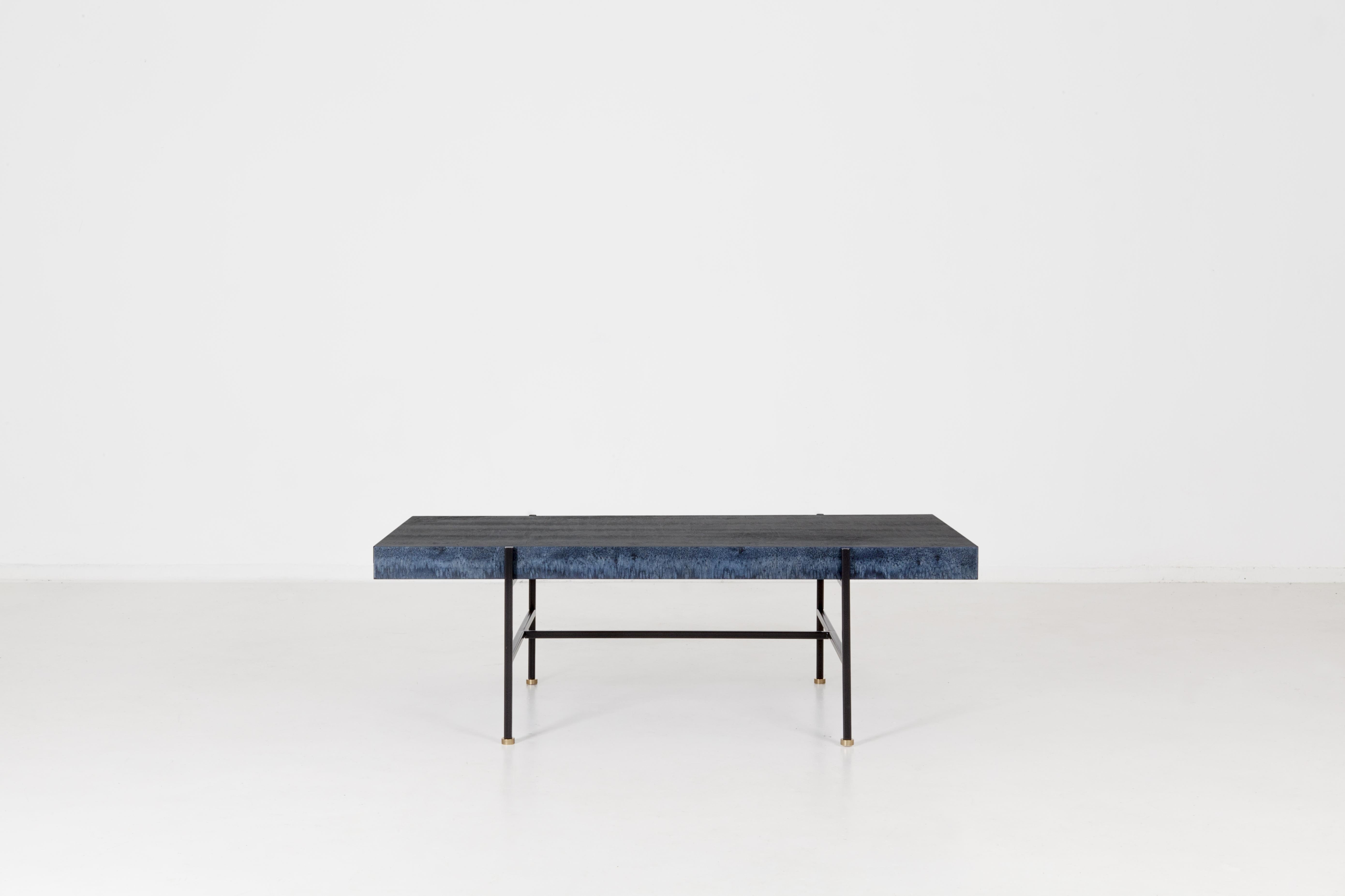 Blue Osis Bensimon low table by Llot Llov
Dimensions: H 40 x L 160 x W 80 cm
Materials: birch wood laquered / powder coated steel?
Also available in purple.

For Gallery Bensimon, studio llot llov exclusively designed a furniture collection based on