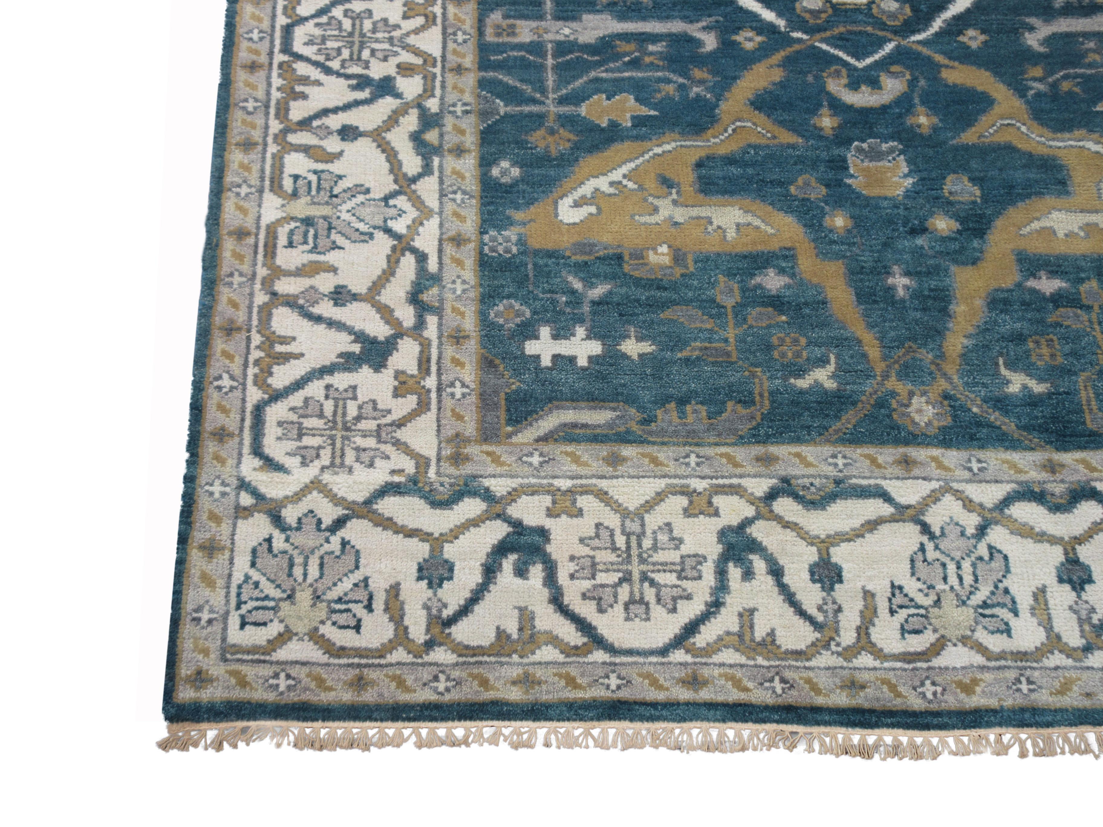 Hand-Knotted Blue Oushak Area Rug For Sale