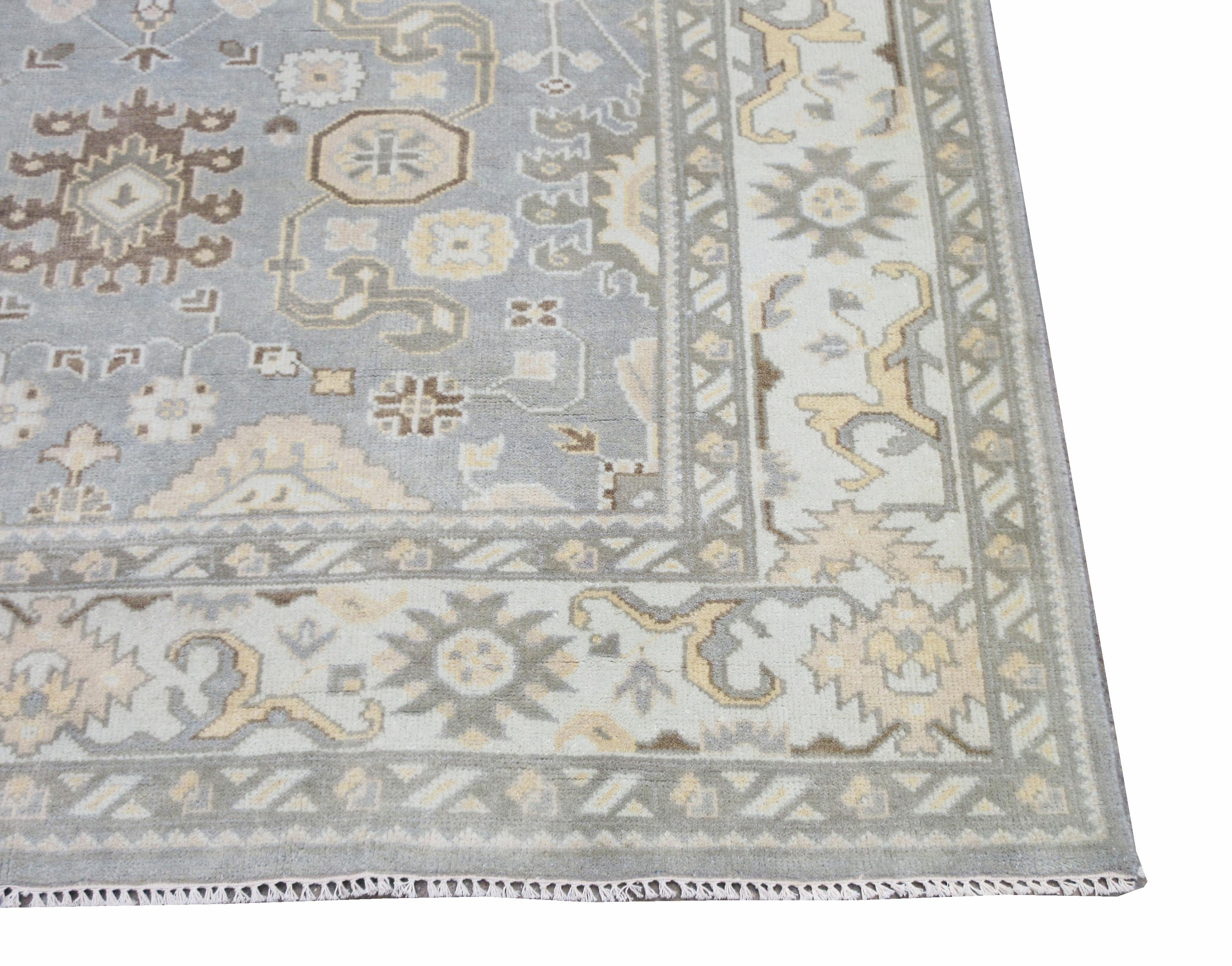Hand-Knotted Blue Oushak Area Rug For Sale