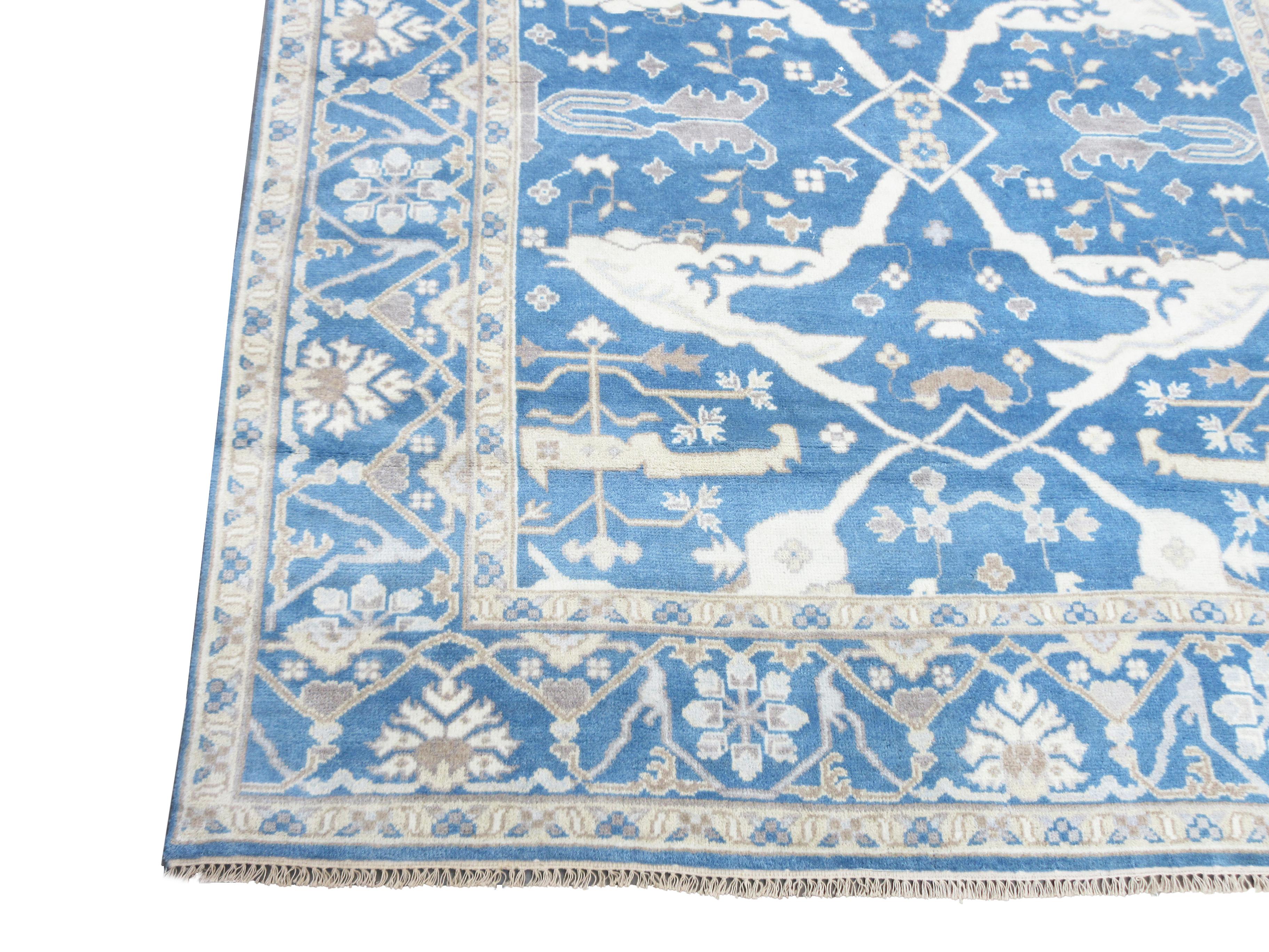 Hand-Knotted Blue Oushak Gallery Runner For Sale
