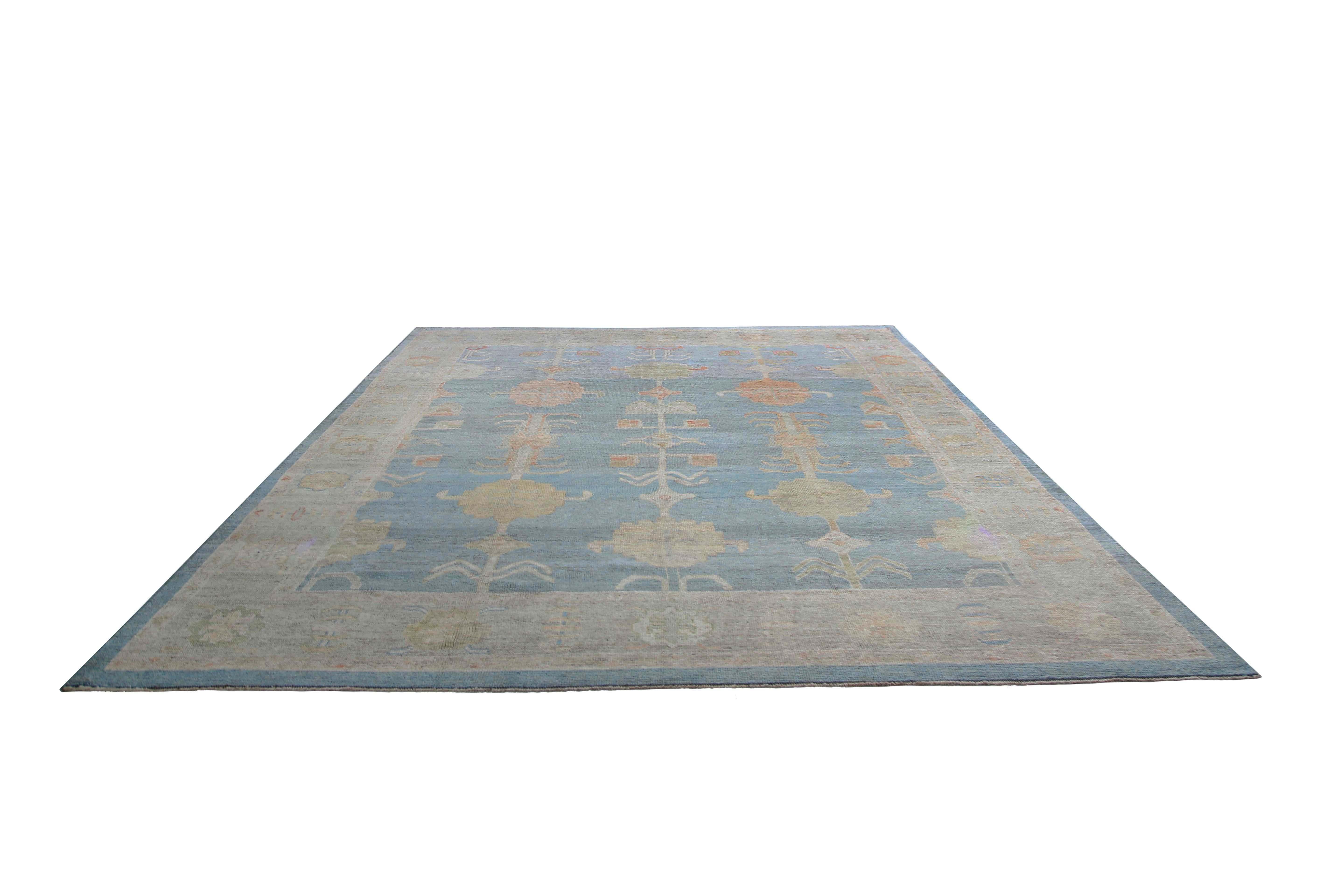 Wool Blue Oushak Rug From Turkey For Sale