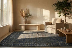 Blue Oushak Wool Hand Knotted Rug 10 ft x 13 ft, Slate Garden Weave