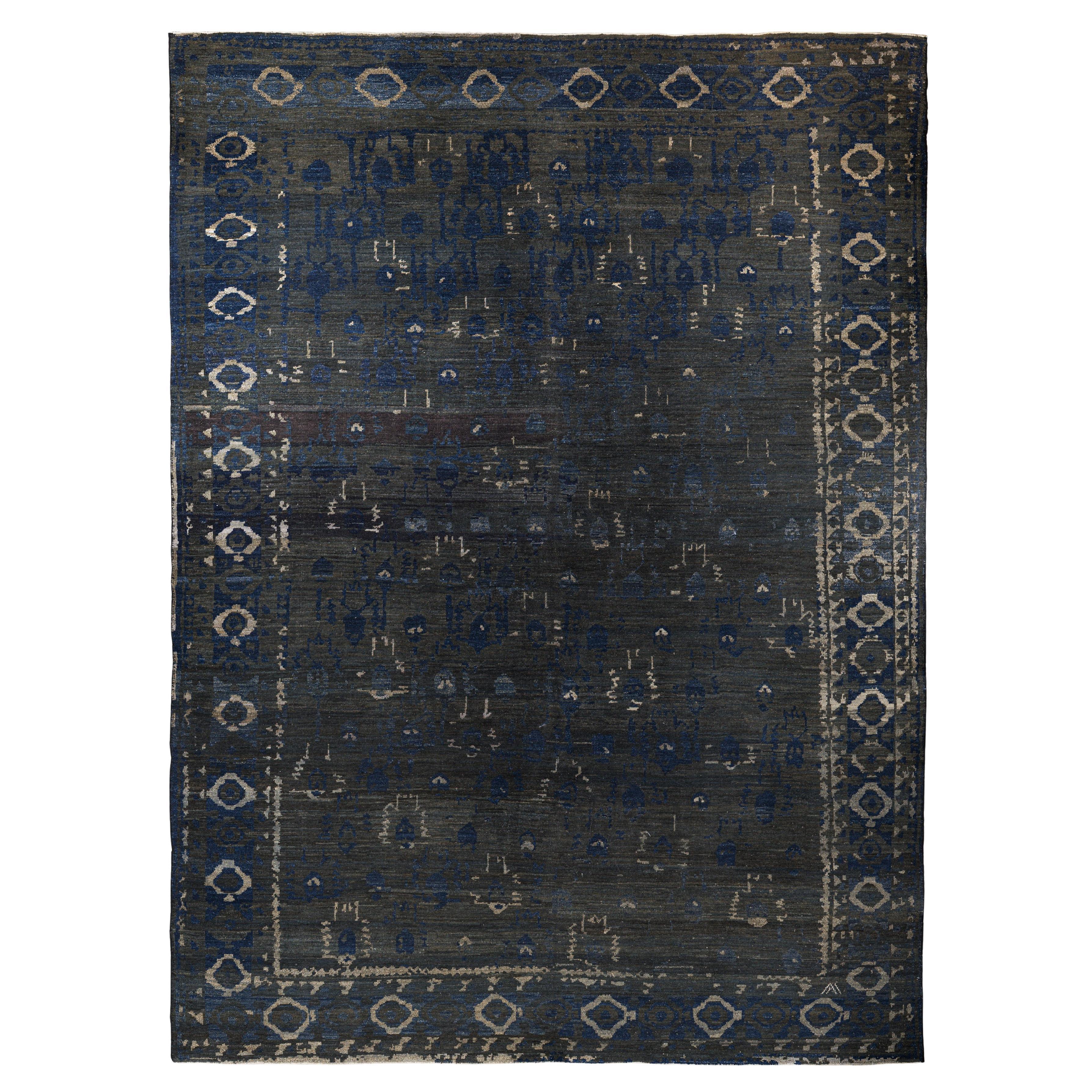 Blue Oushak Wool Hand Knotted Rug 10 ft x 13 ft, Slate Garden Weave For Sale