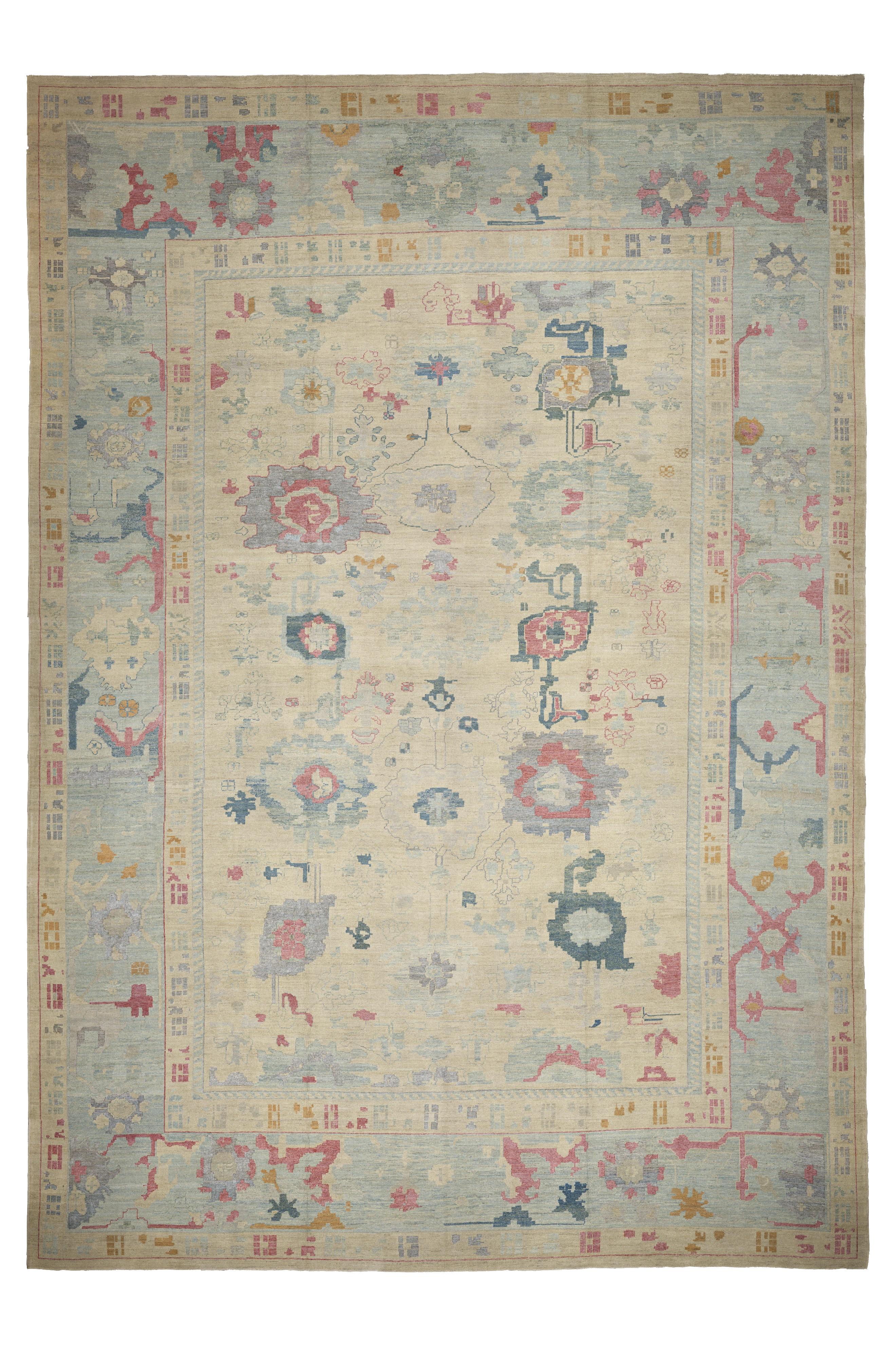 Blue Oushak Wool Hand Knotted Rug 16 ft x 22 ft , Blue Haze Geometry For Sale