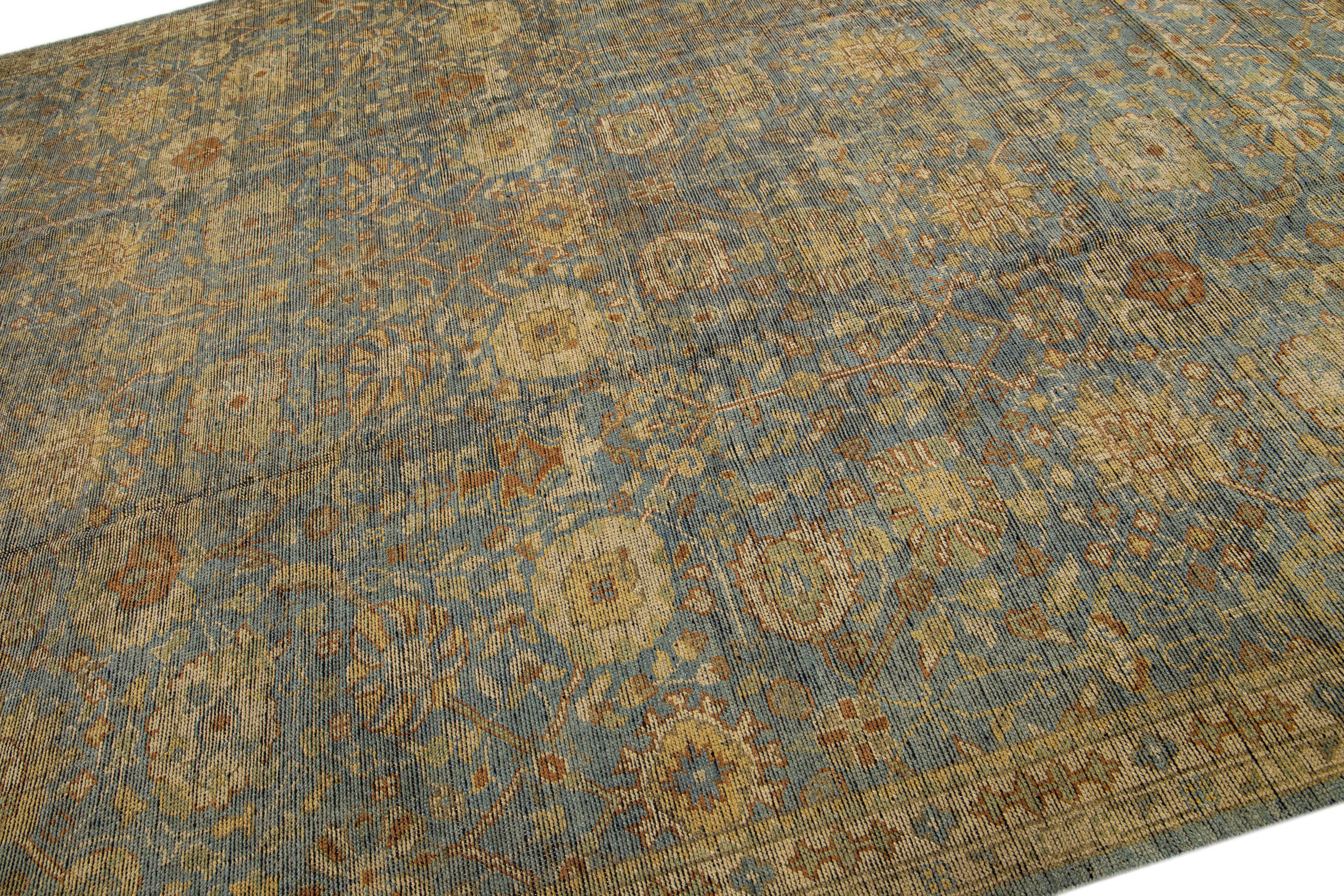 Hand-Knotted Blue Oushak Wool Rug Modern Handmade with Allover Floral Motif For Sale