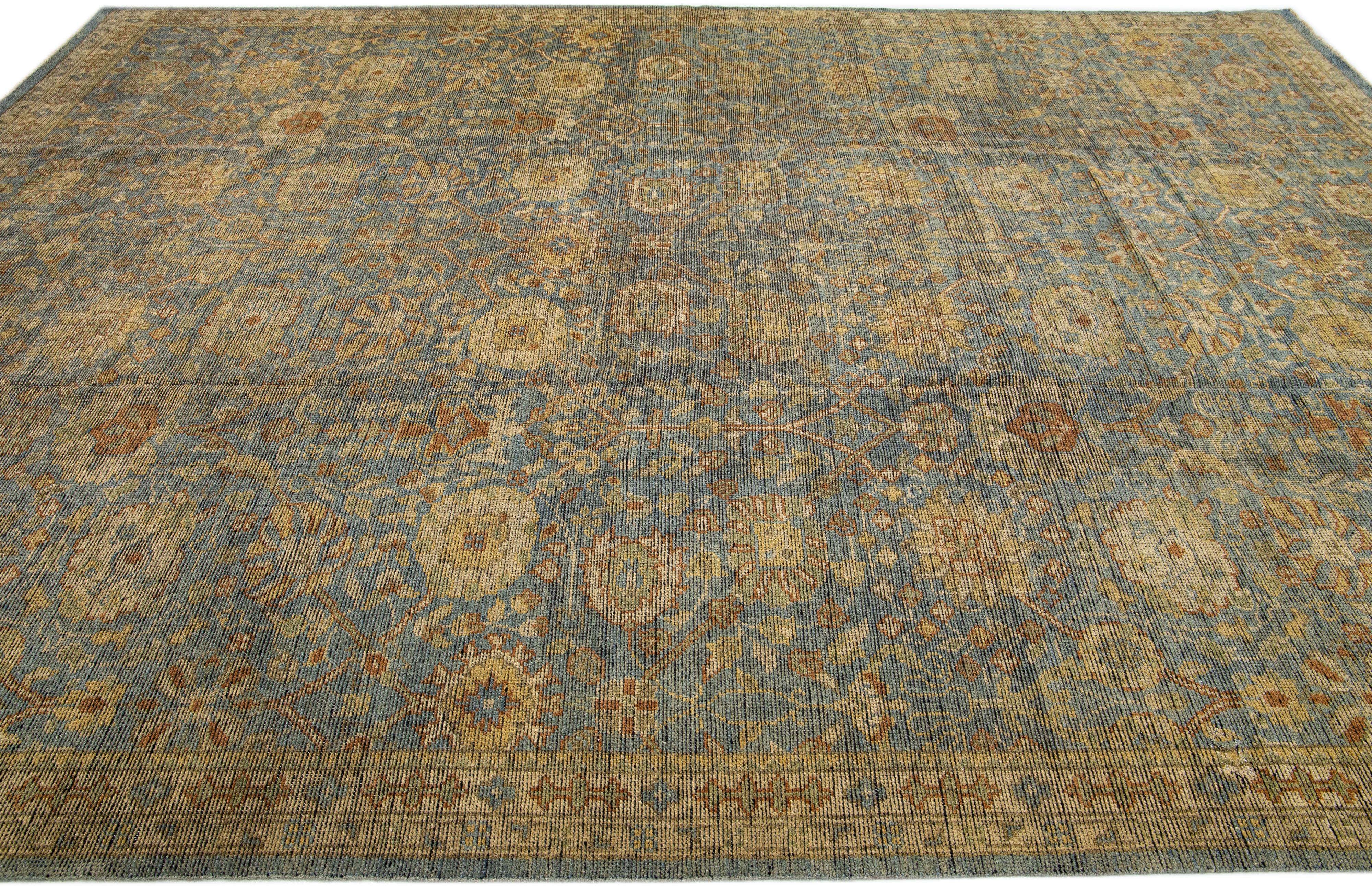 Blue Oushak Wool Rug Modern Handmade with Allover Floral Motif In New Condition For Sale In Norwalk, CT