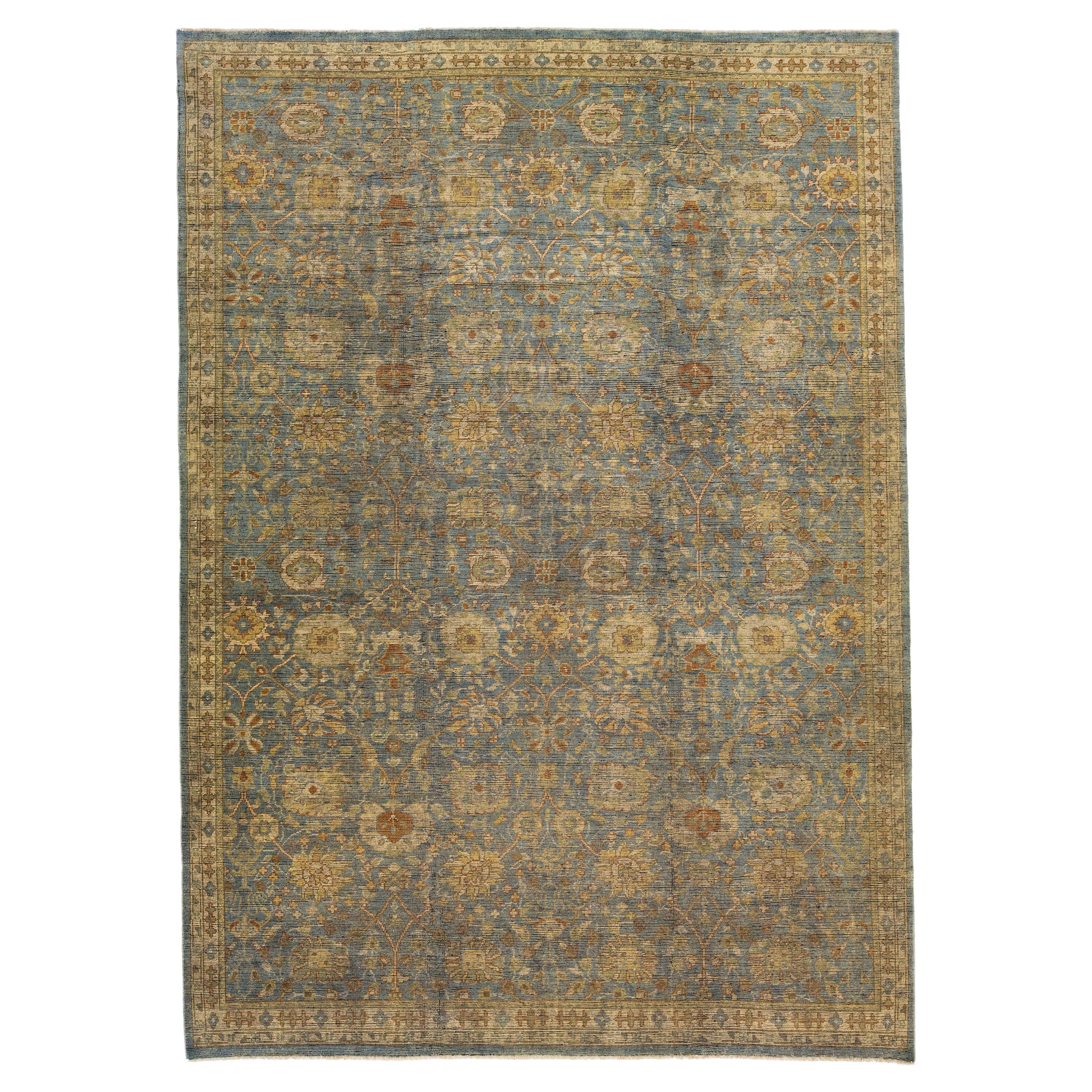 Blauer Oushak-Wollteppich, modern, handgefertigt mit Blumenmotiv