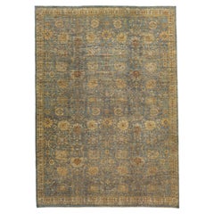 Blue Oushak Wool Rug Modern Handmade with Allover Floral Motif