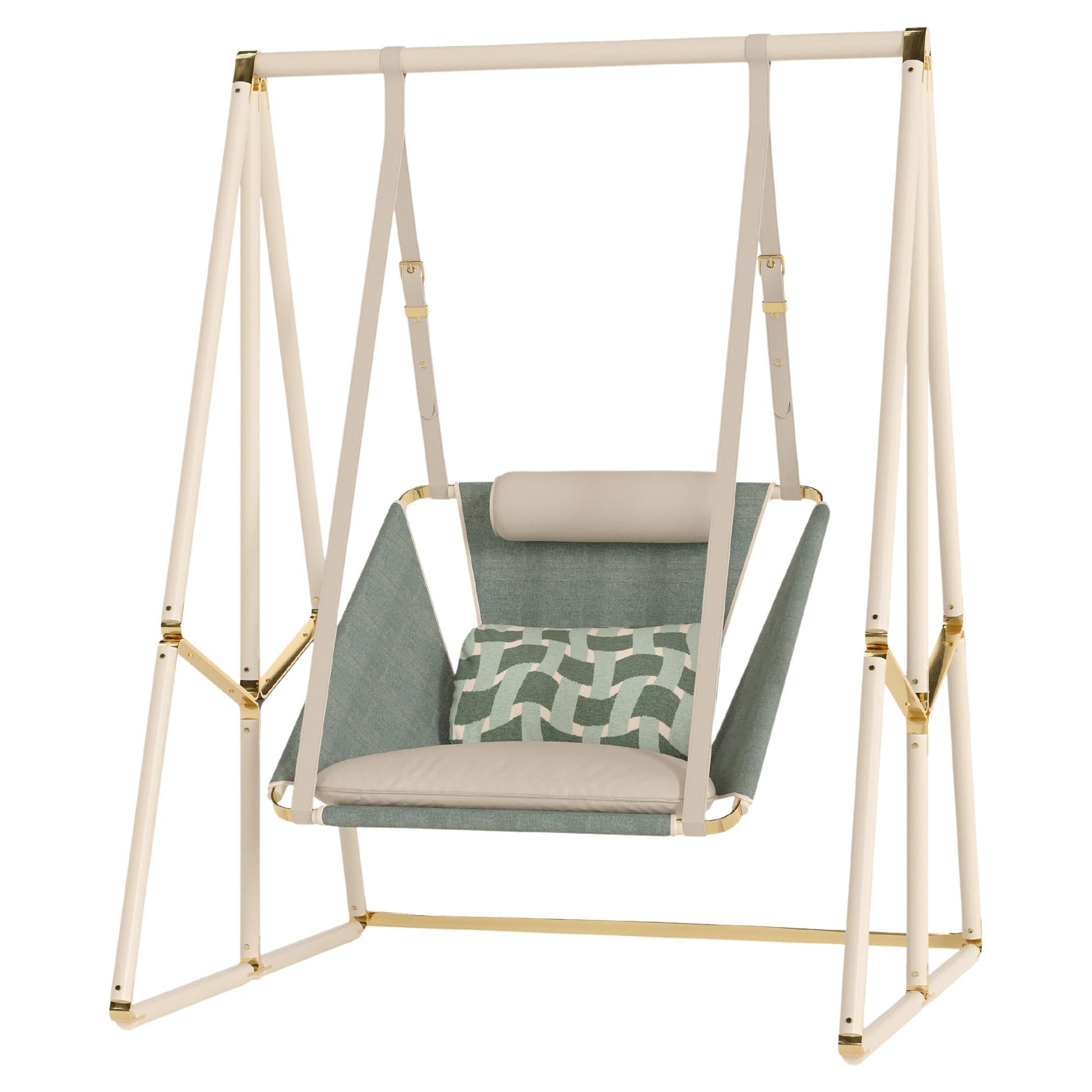 Blue Outdoor Swing with Patterned Pillows