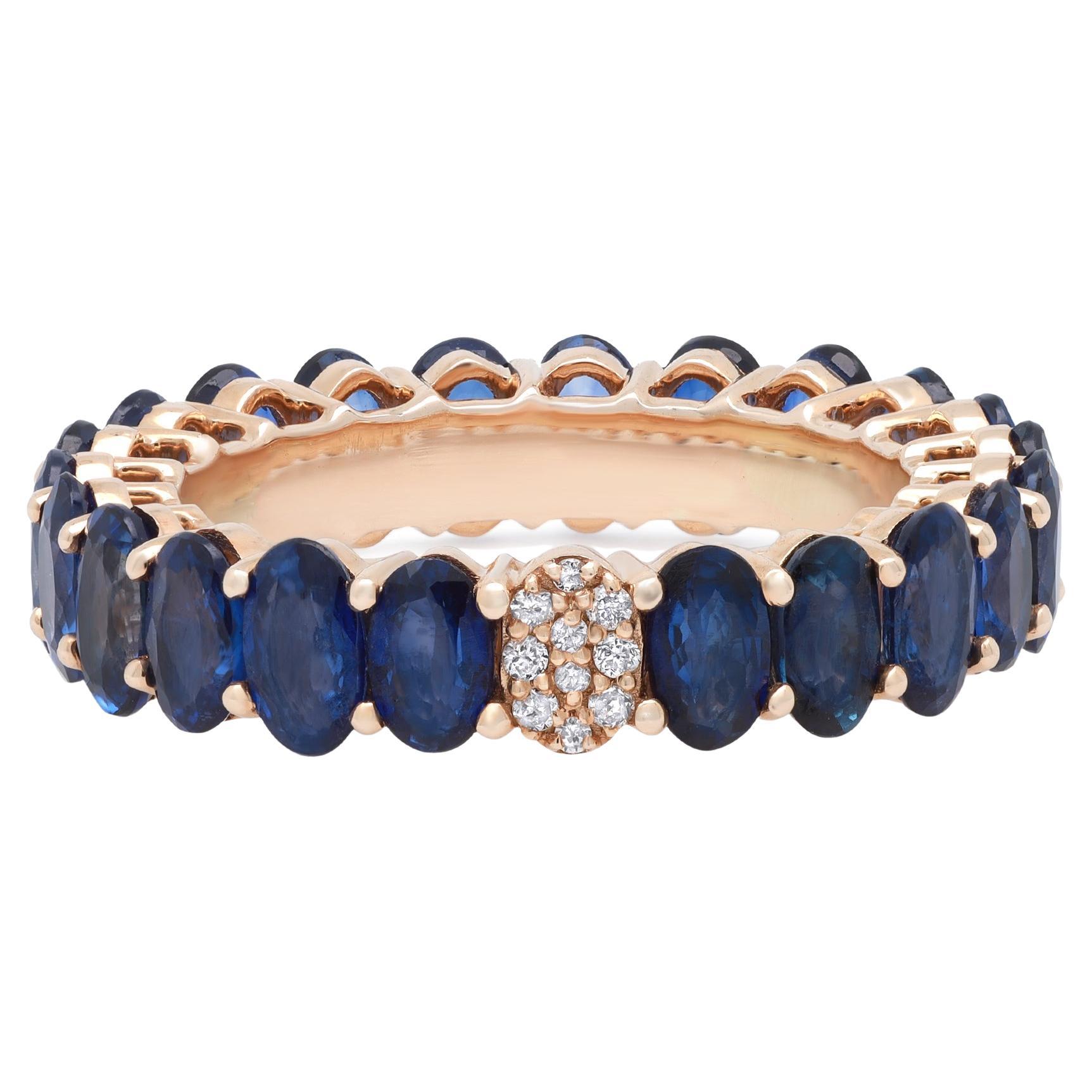 Blue Oval Cut Sapphire & Diamonds Eternity Band Ring 14K Yellow Gold For Sale