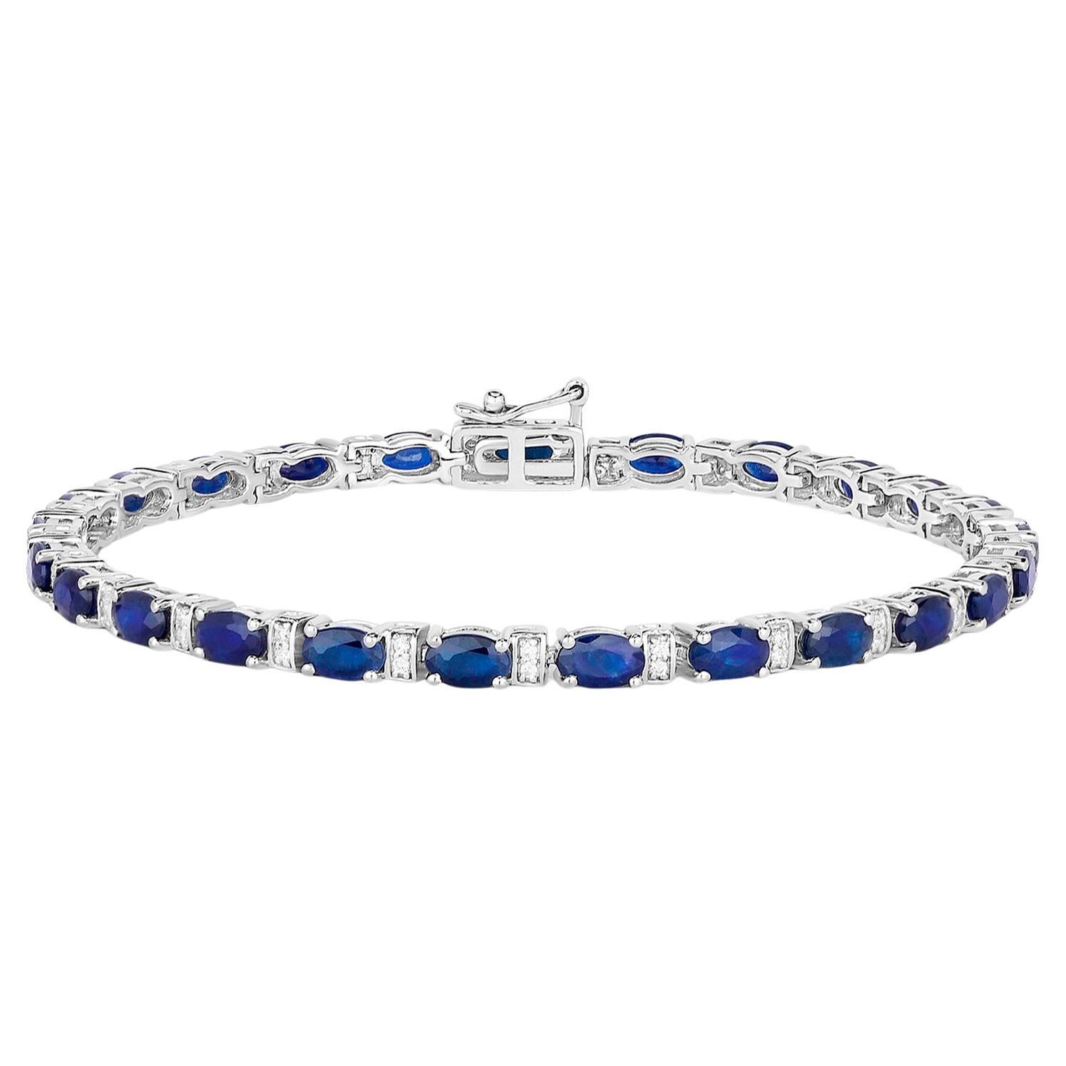 Blue Oval Cut Sapphires Bracelet Diamond Links 5.75 Carats 14K White Gold For Sale