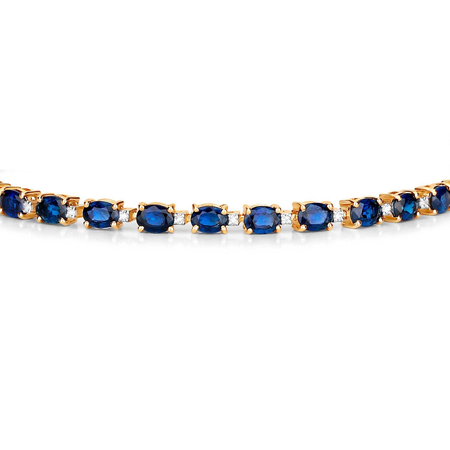 Contemporary Blue Oval Cut Sapphires Bracelet Diamond Links 6.3 Carats 10K Yellow Gold For Sale