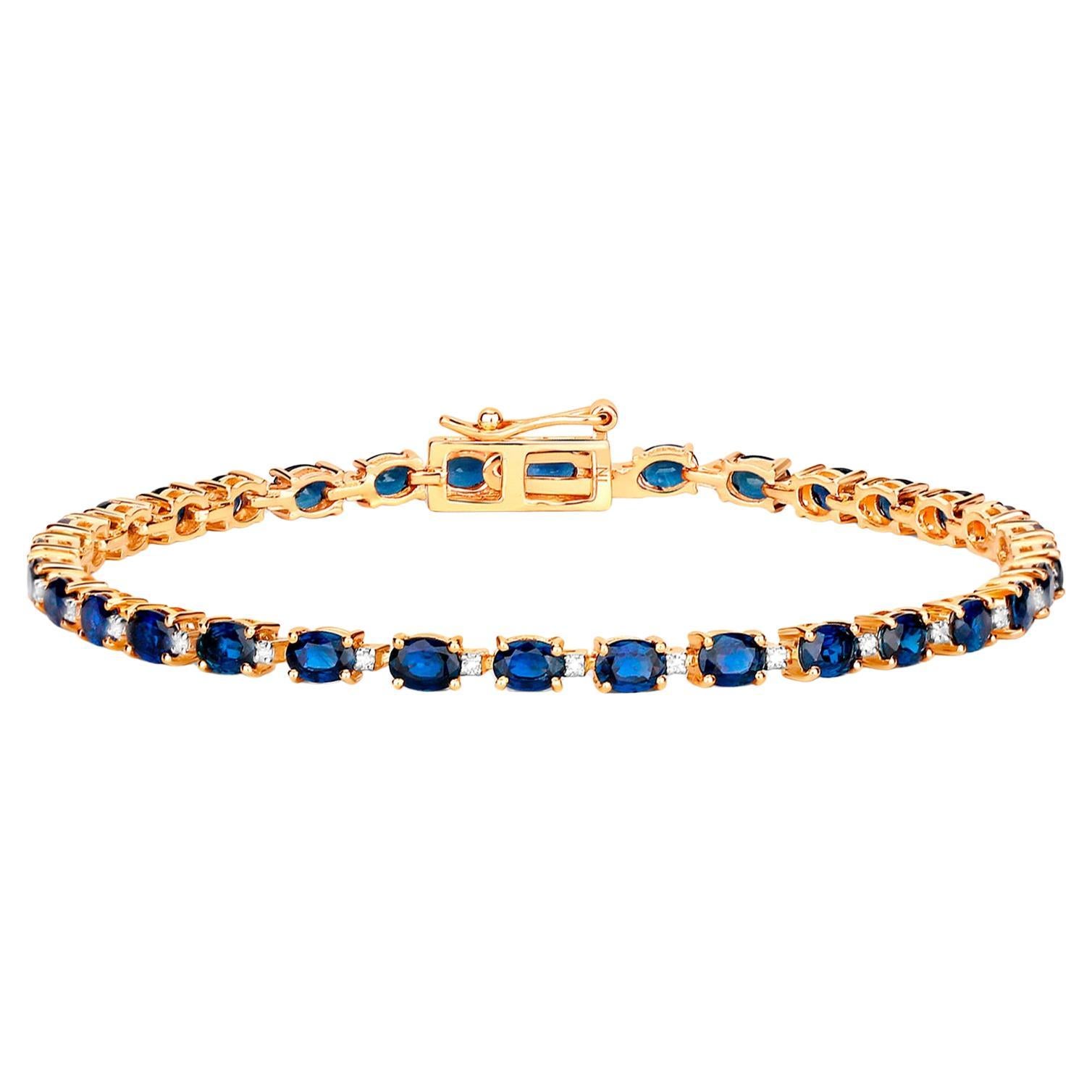 Bracelet à maillons en or jaune 10 carats avec saphirs bleus taille ovale et diamants de 6,3 carats en vente