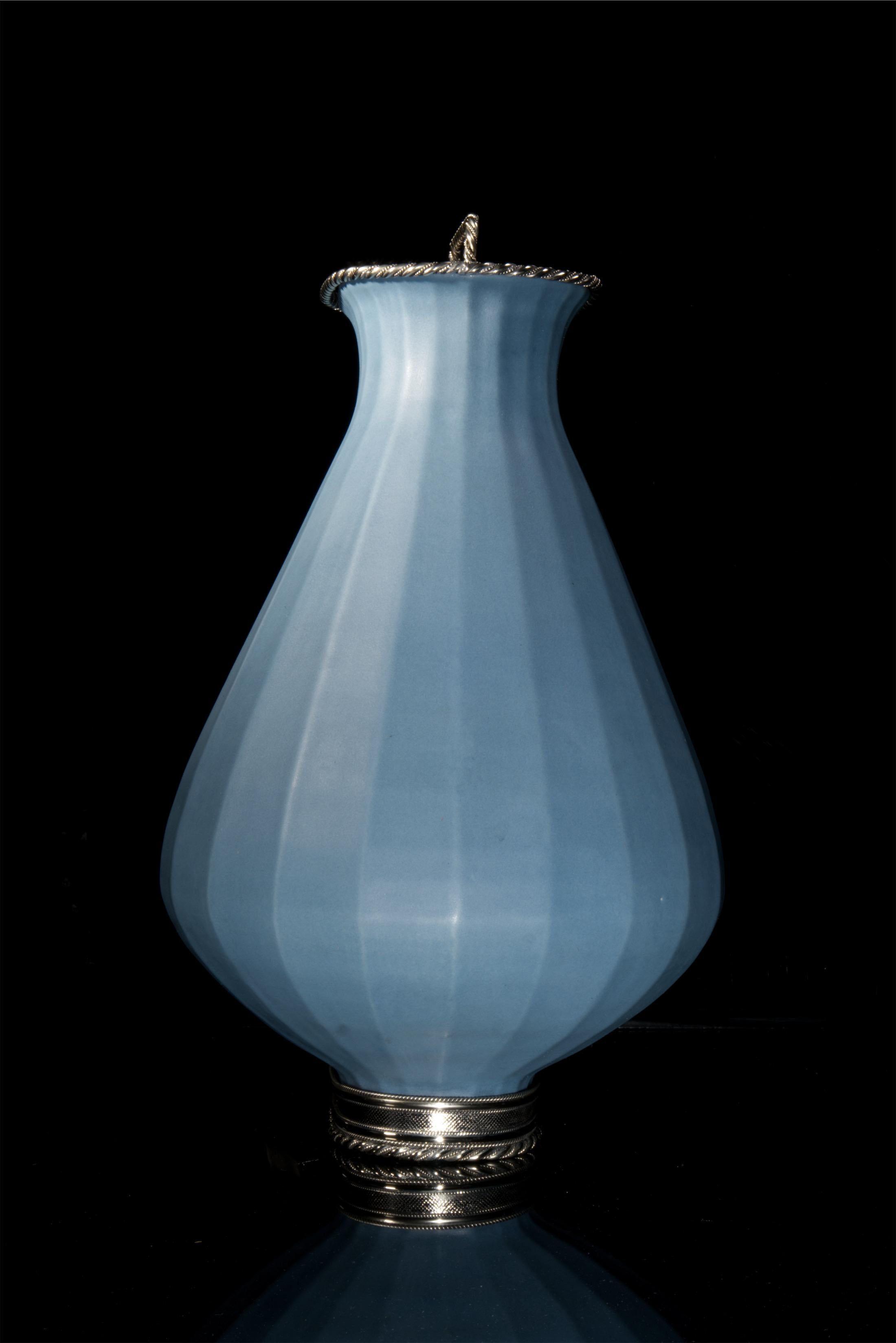 Contemporary Blue Oval Jar by Estudio Guerrero Made with Glazed Ceramic and White Metal For Sale