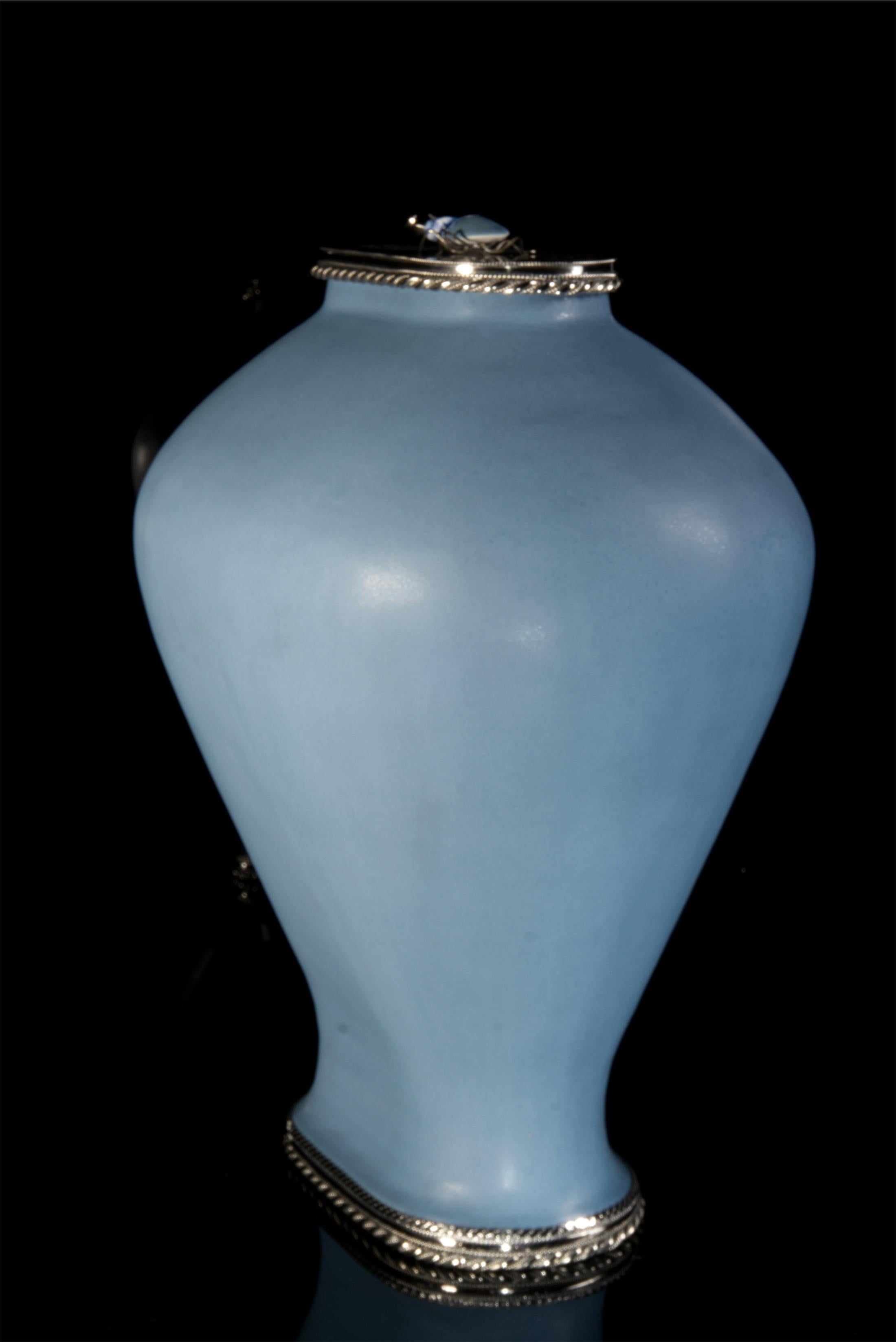 Blue Oval Jar by Estudio Guerrero Made with Glazed Ceramic and White Metal 3