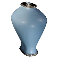 Blue Oval Jar by Estudio Guerrero Made with Glazed Ceramic and White Metal