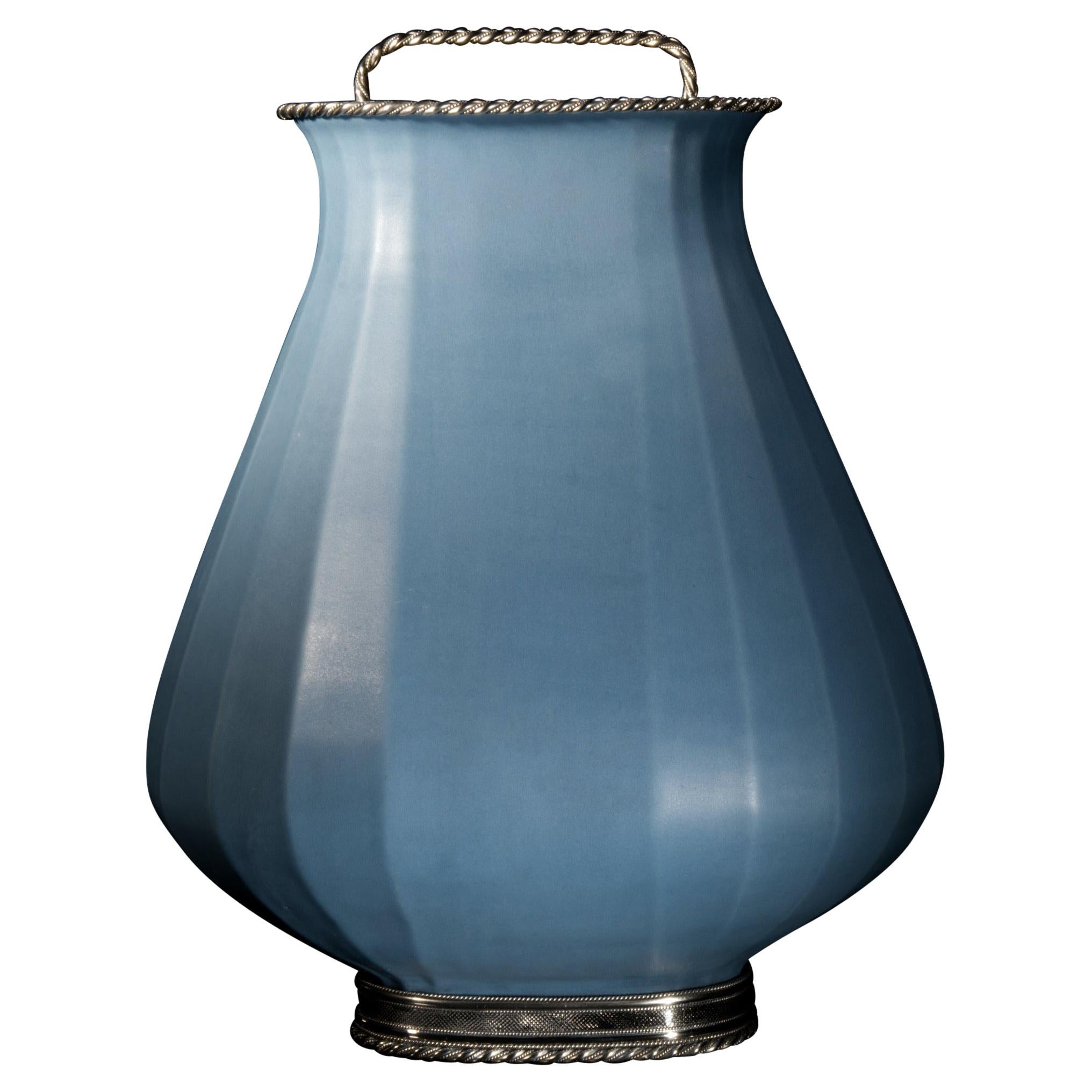 Blue Oval Jar by Estudio Guerrero Made with Glazed Ceramic and White Metal For Sale