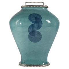 Blue Oval Jar by Estudio Guerrero Made with Glazed Ceramic and White Metal