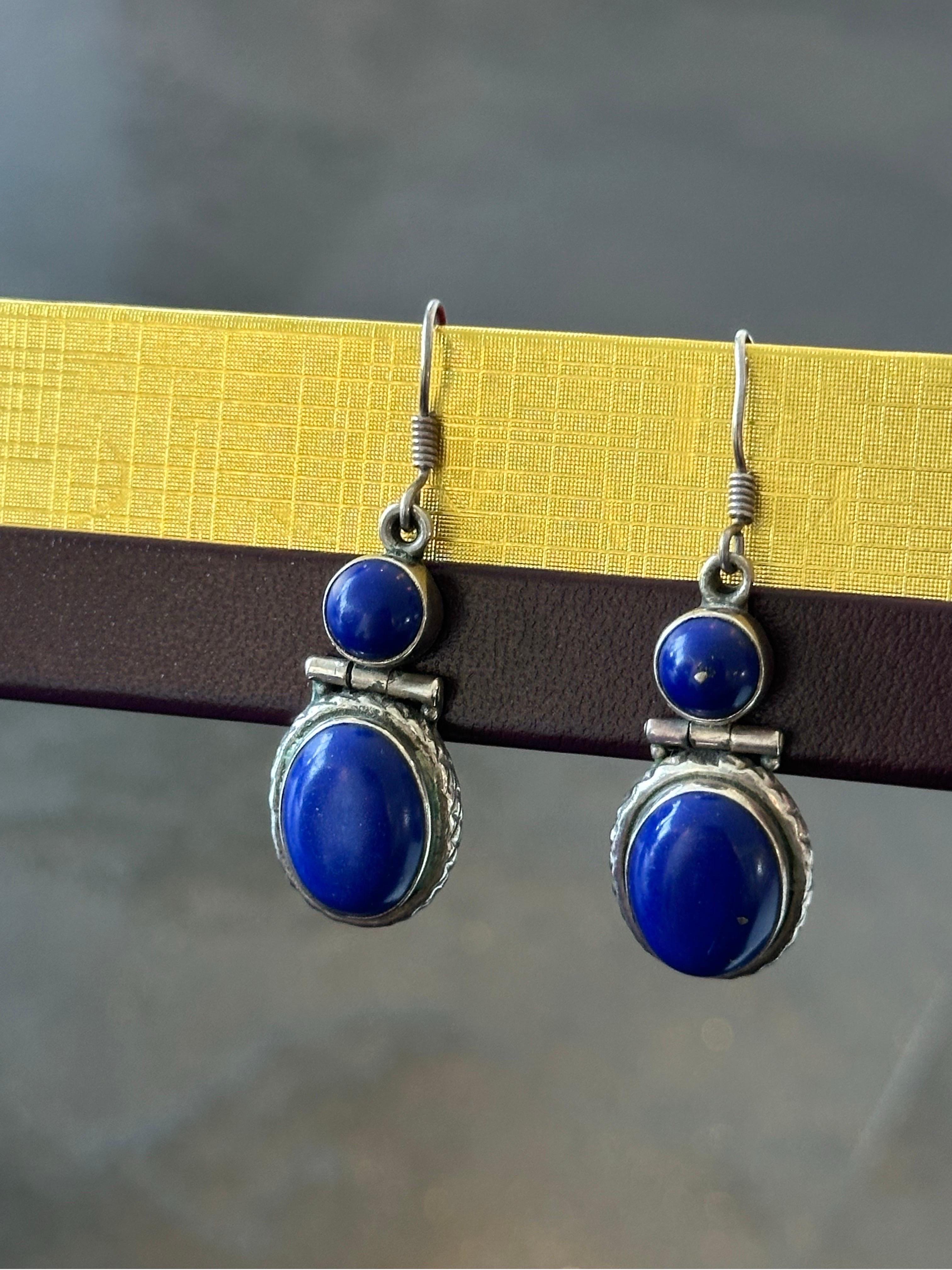 Art Deco Blue Oval Lapis 925 Silver Earrings For Sale