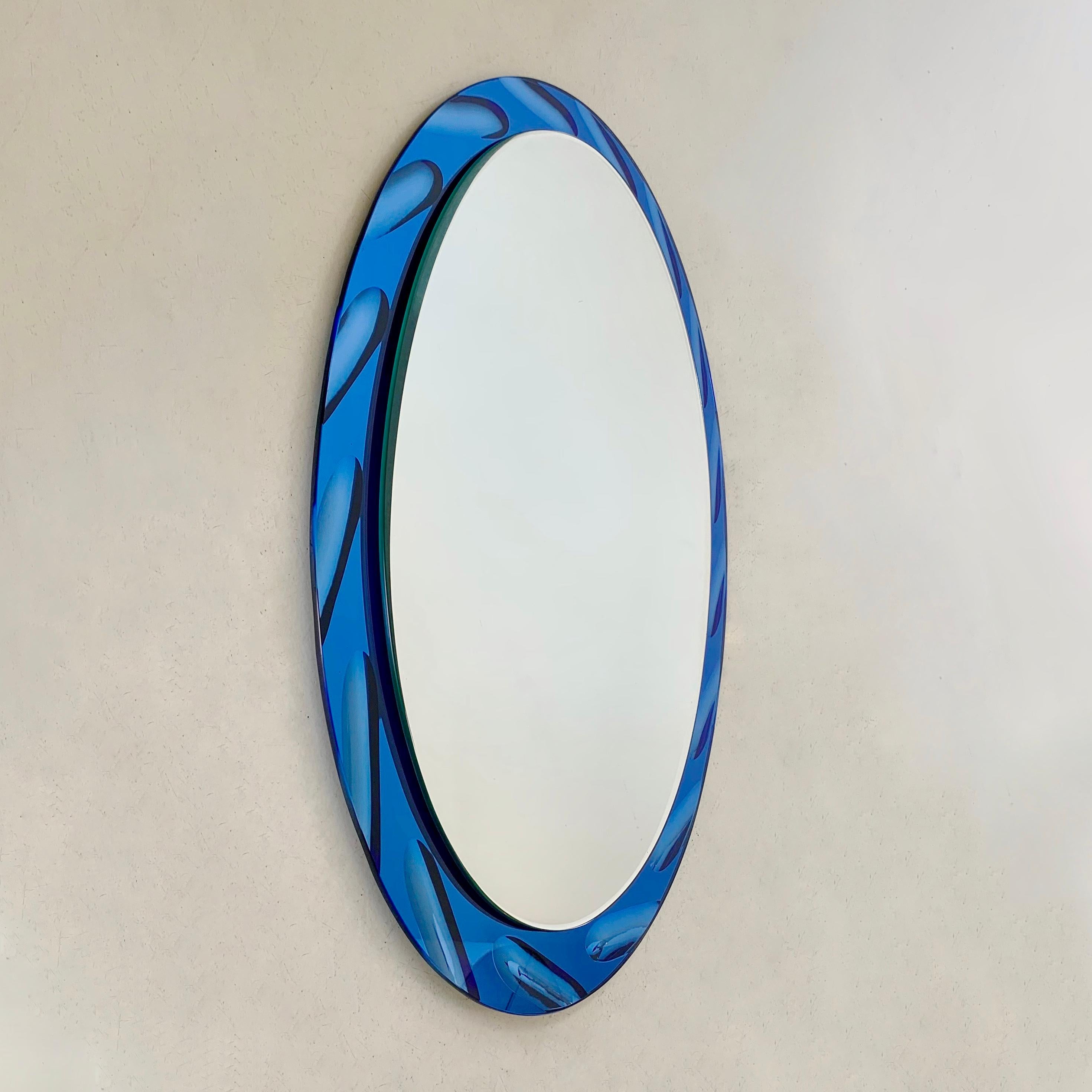 Mid-Century Modern Blue Oval Mirror by Cristal Arte circa 1960, Italy For Sale