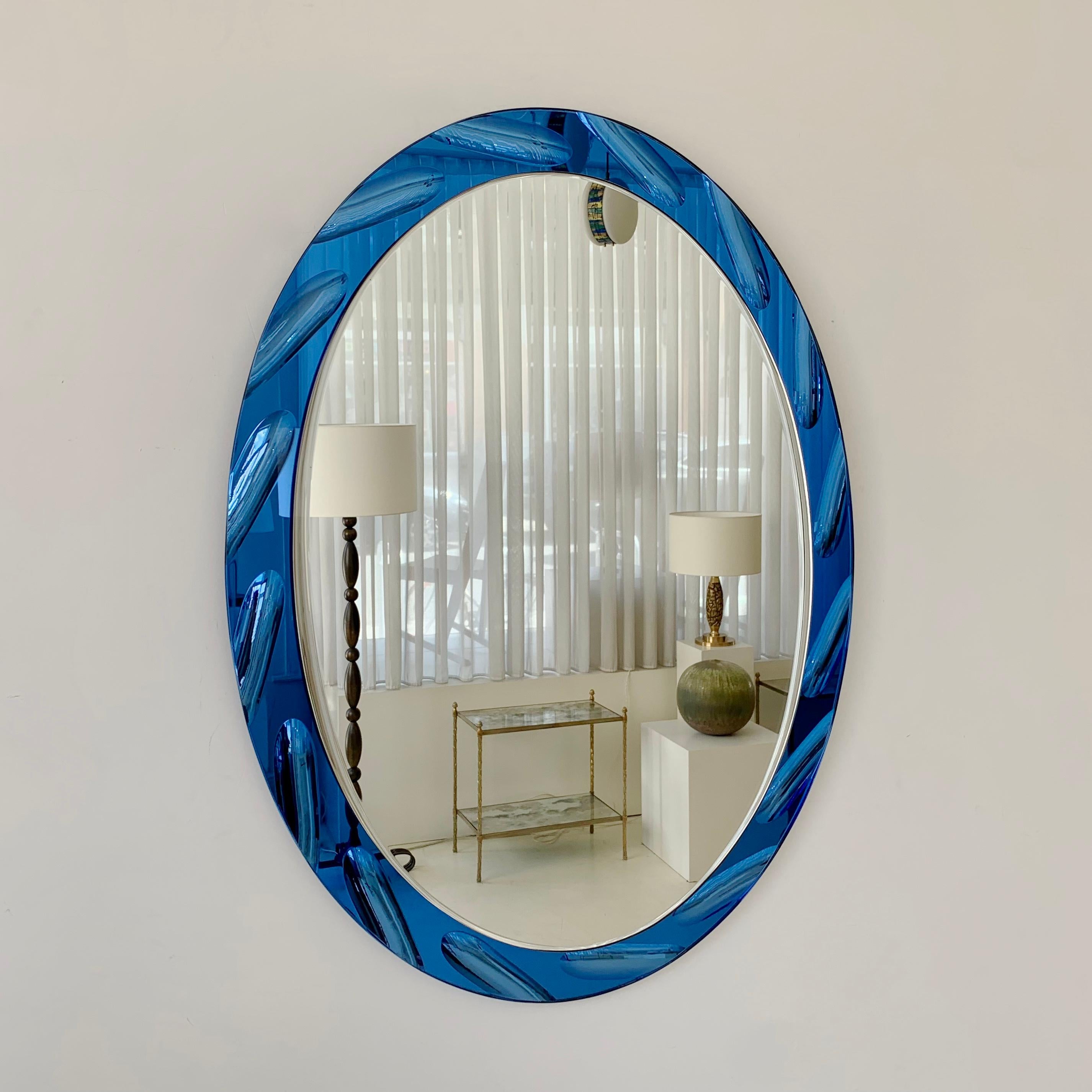 Italian Blue Oval Mirror by Cristal Arte circa 1960, Italy For Sale