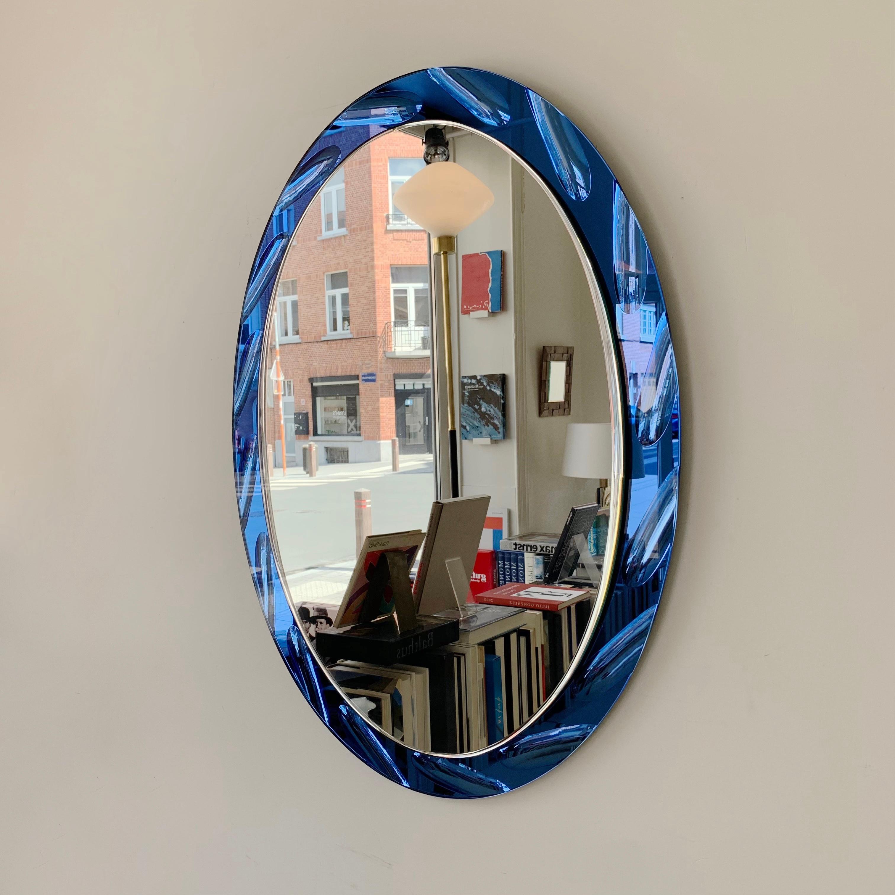 Mid-20th Century Blue Oval Mirror by Cristal Arte circa 1960, Italy For Sale