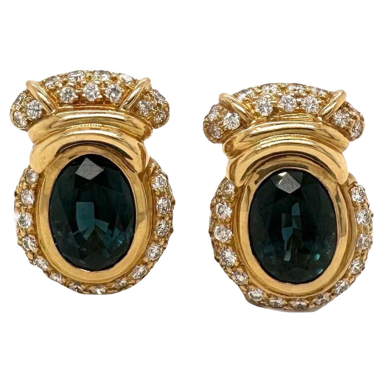 Blue Oval Sapphire and Diamond Gold Cocktail Estate Earrings For Sale