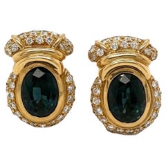 Blue Oval Sapphire and Diamond Gold Cocktail Estate Earrings