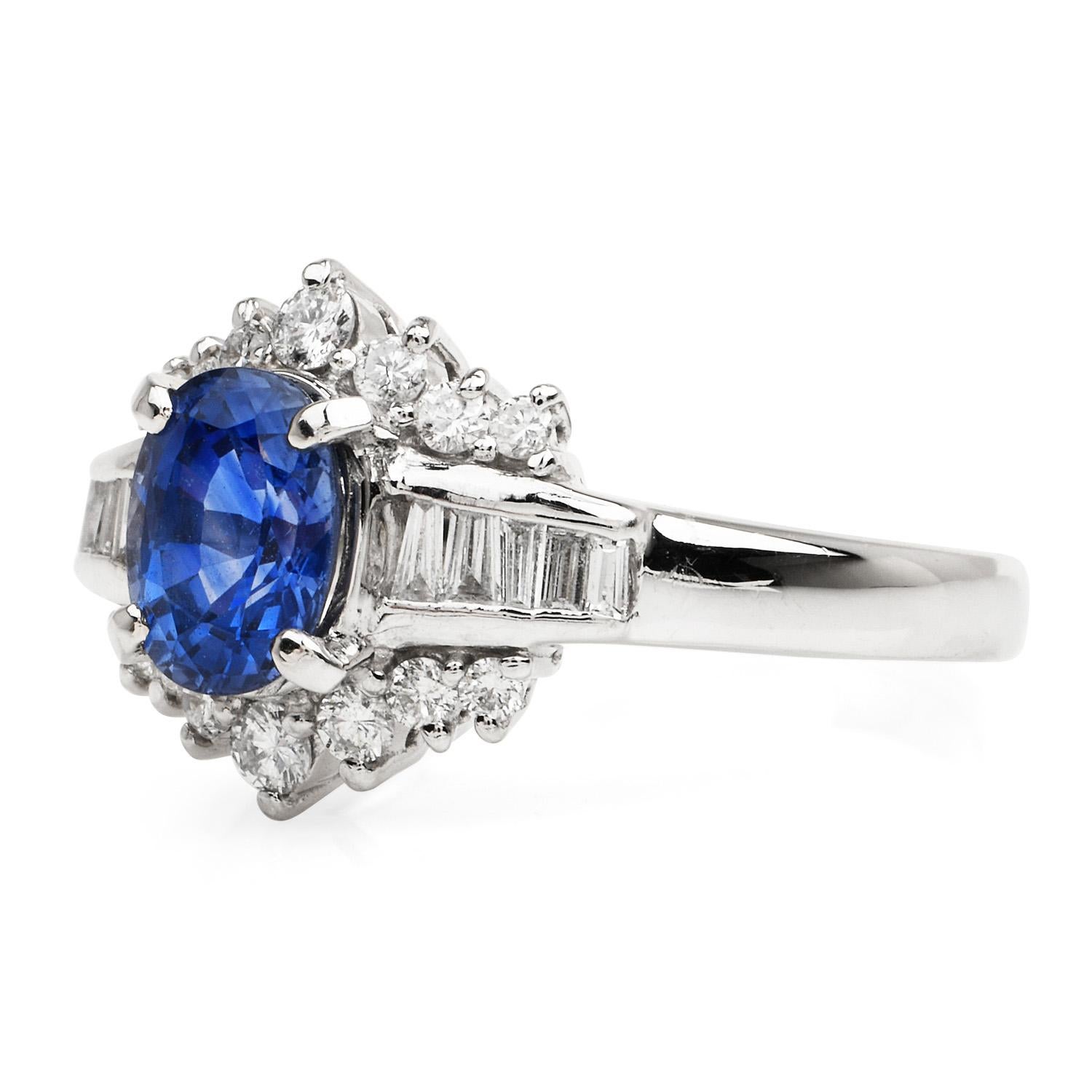 Inspired by a Floral style, Blue Sapphire & Diamond ring is perfect for everyday wearing.

Crafted in solid Platinum, the center is adorned by a Blue Sapphire, oval cut & prong set weighing approximately 1.06 carats. 

Complimenting the sides, there