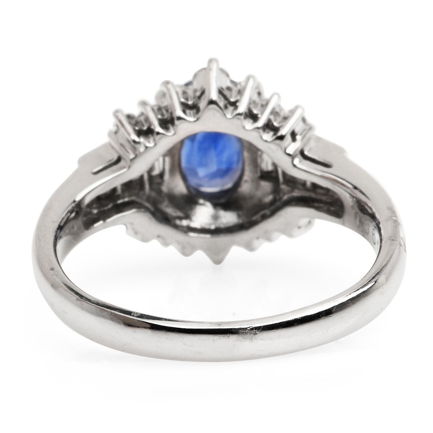 Retro Blue Oval Sapphire Diamond Platinum Floral Ring