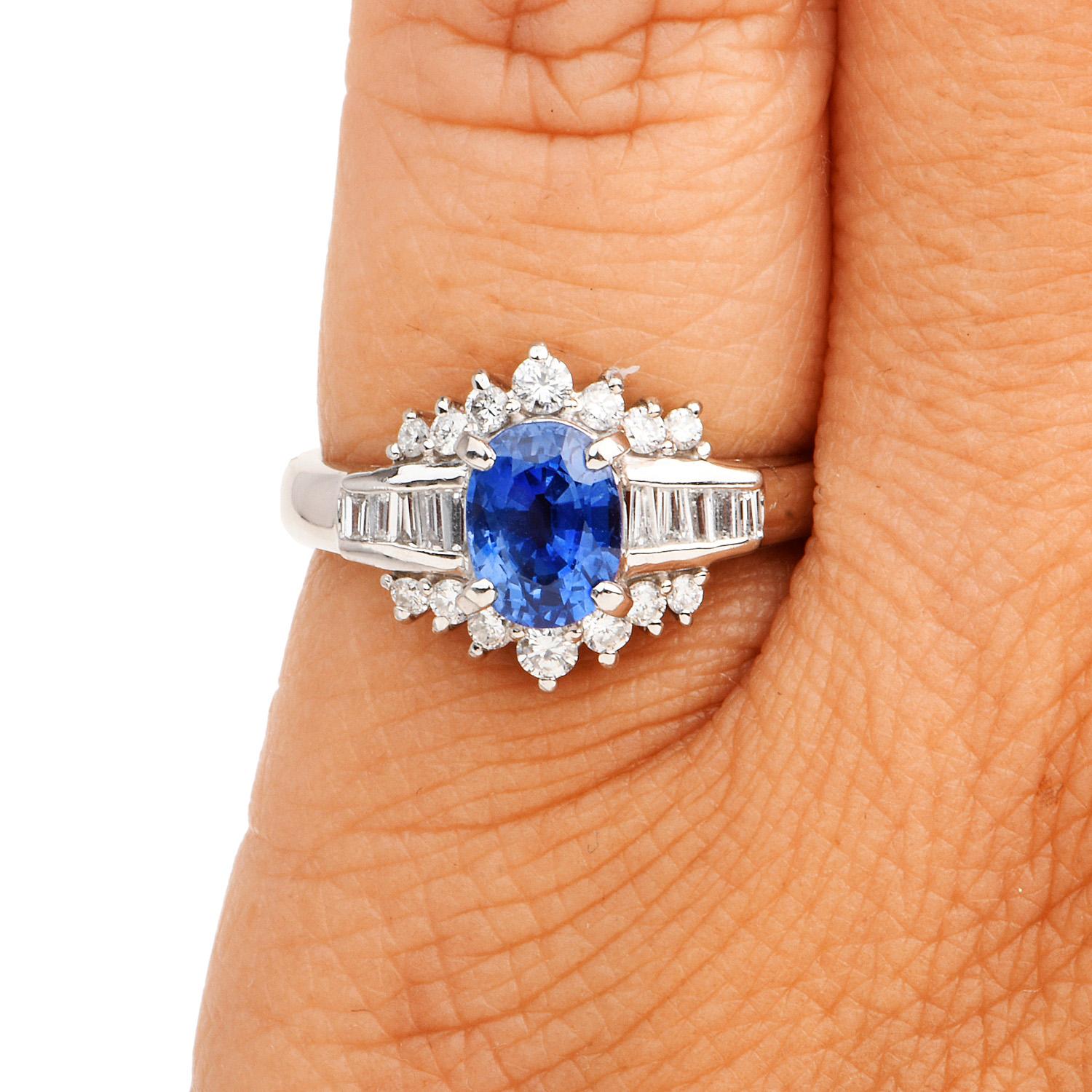Blue Oval Sapphire Diamond Platinum Floral Ring In Excellent Condition In Miami, FL