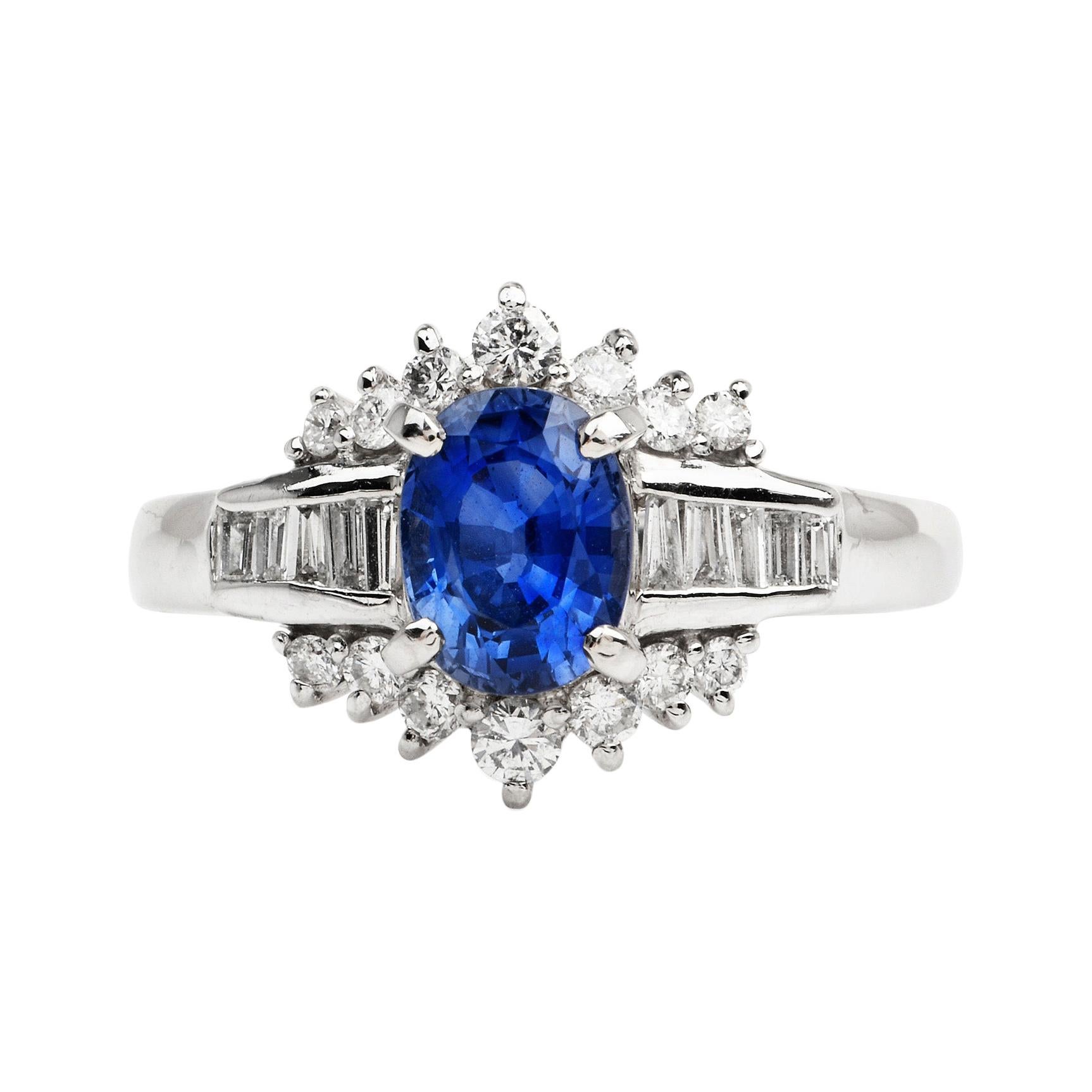 Blue Oval Sapphire Diamond Platinum Floral Ring