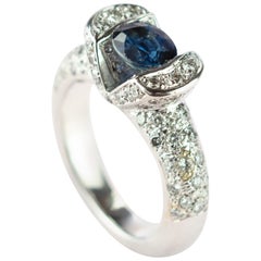 Blue Oval Sapphire Round Diamond 18 Karat White Gold Cocktail AIG Certified Ring