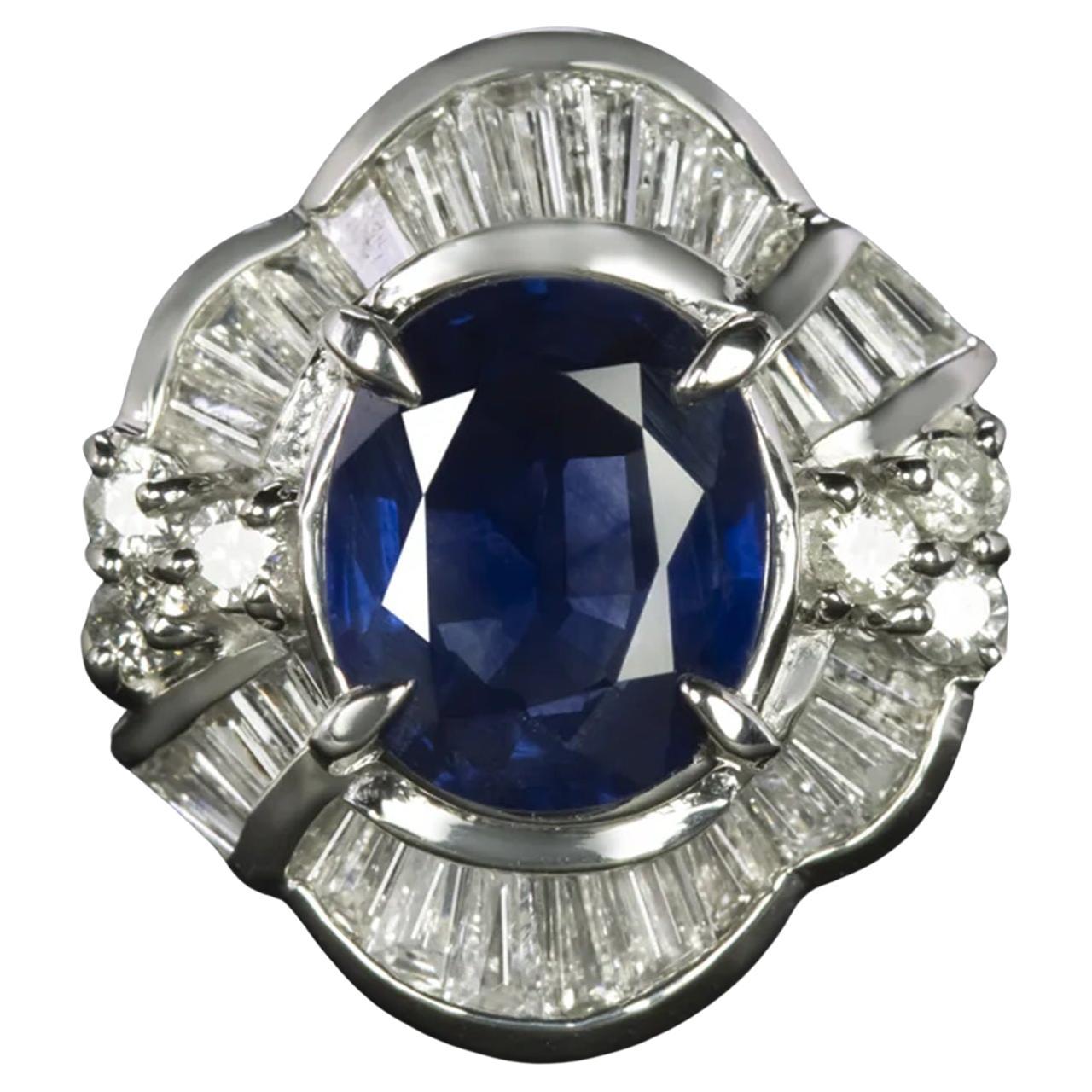 Blue Oval Sapphire Scalloped Design Platinum Ring For Sale