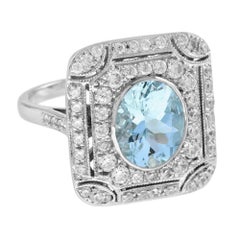Blue Oval Shape Aquamarine & Diamond Art Deco Style Cocktail 14K White Gold Ring