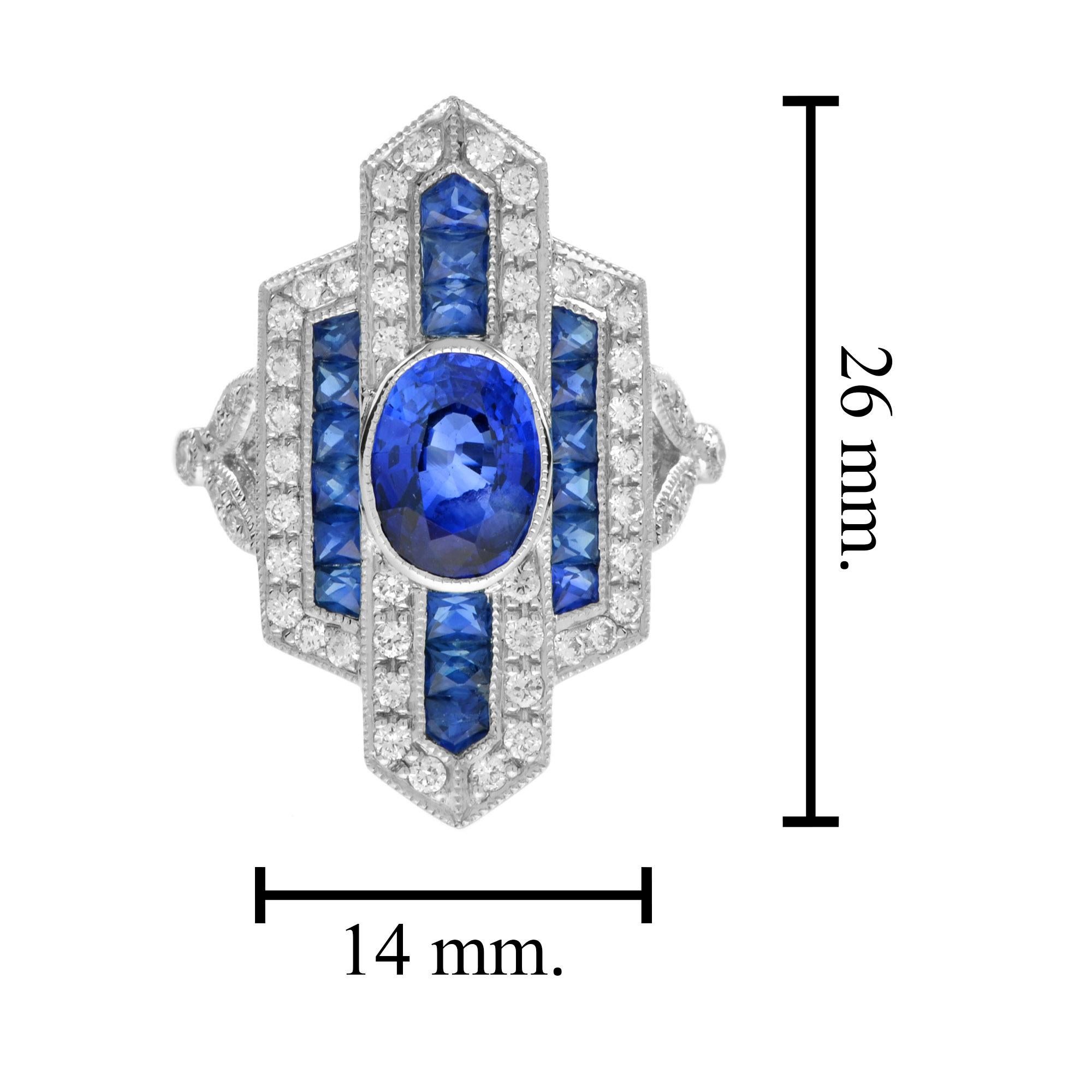 da uomo o donna Anello cocktail in oro bianco 18 carati con zaffiro blu ovale e diamanti in stile Art Deco in vendita