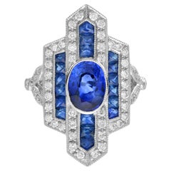 Anello cocktail in oro bianco 18 carati con zaffiro blu ovale e diamanti in stile Art Deco