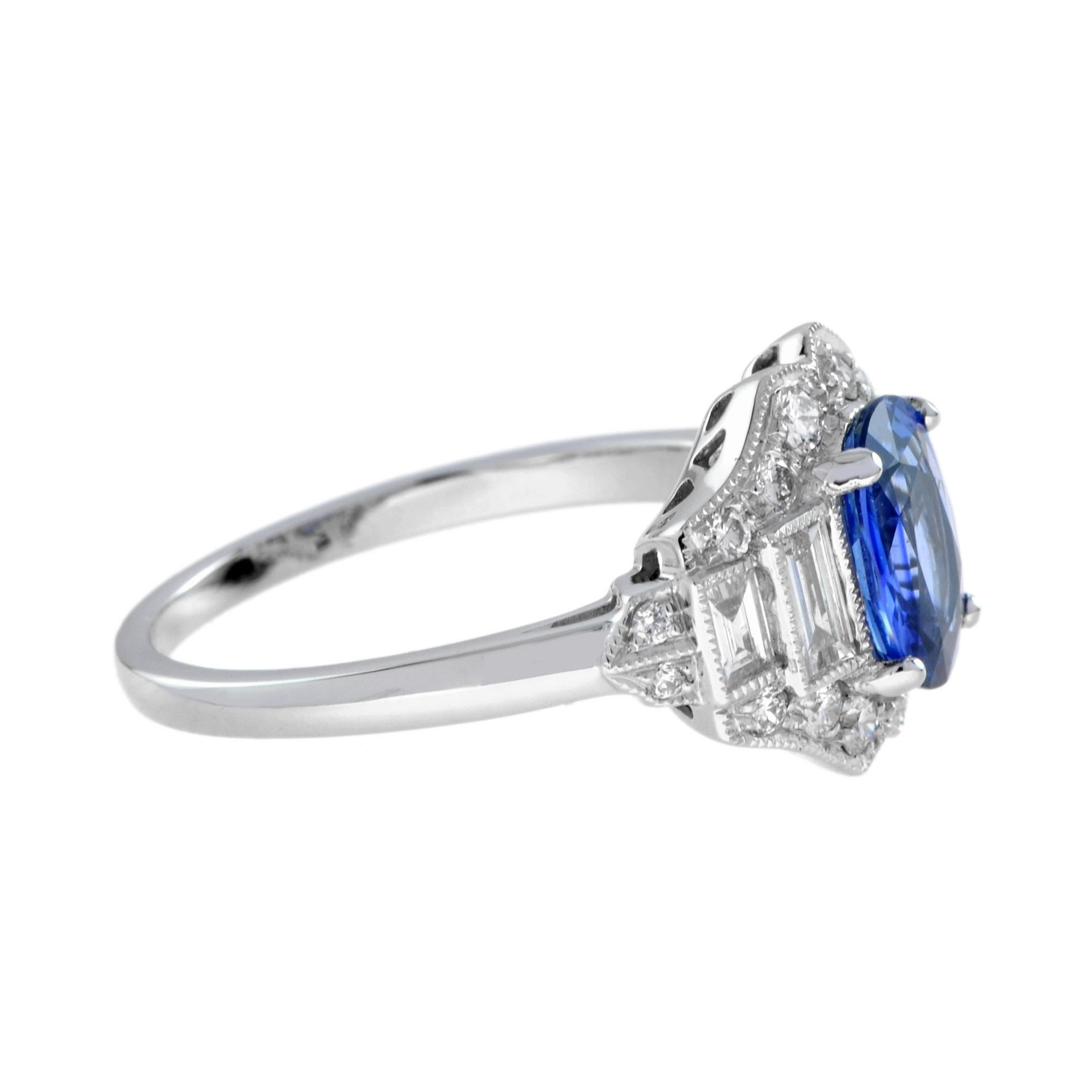 Oval Cut Blue Oval Shape Sapphire & Diamond Art Deco Style Engagement 14K White Gold Ring For Sale