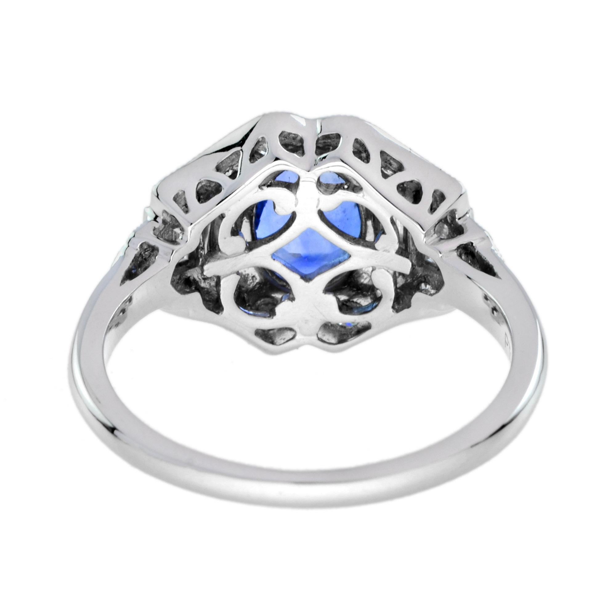 Blue Oval Shape Sapphire & Diamond Art Deco Style Engagement 14K White Gold Ring In New Condition For Sale In Oakton, VA