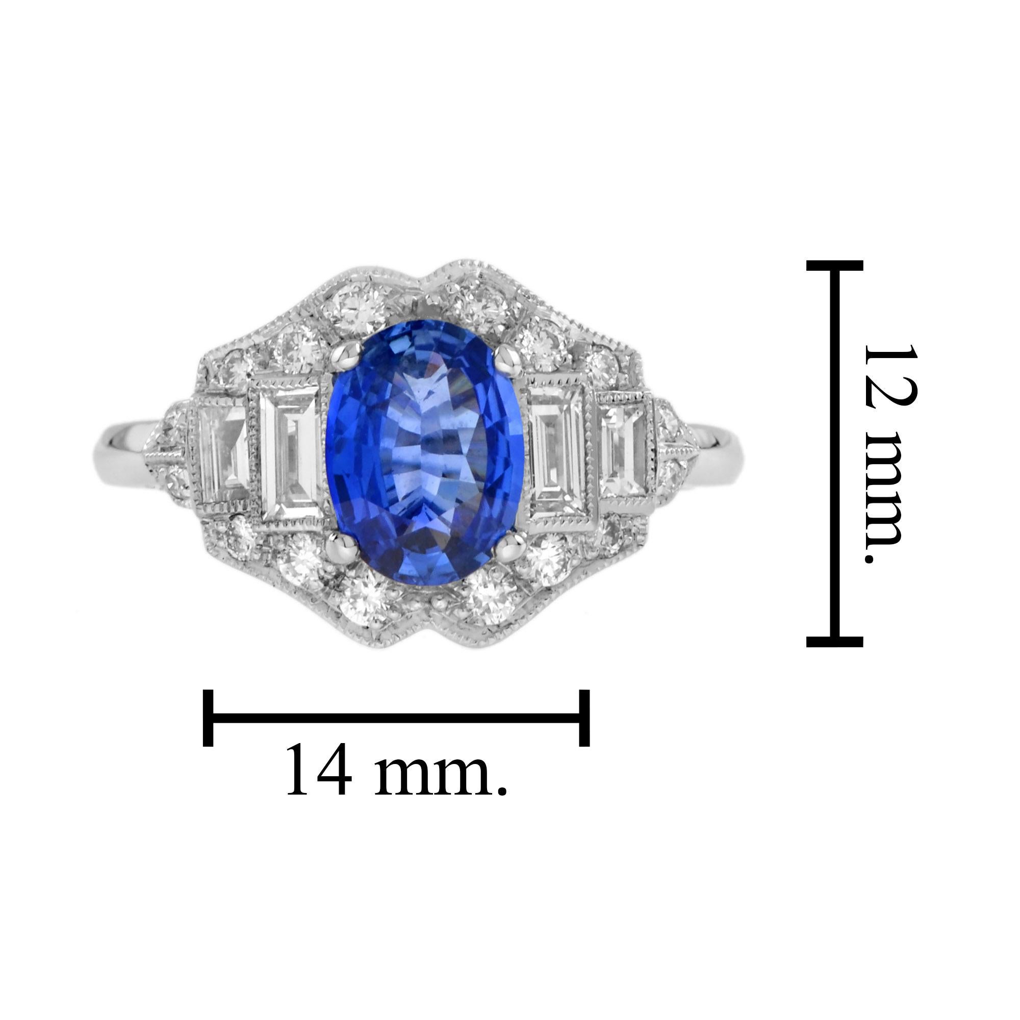 Blue Oval Shape Sapphire & Diamond Art Deco Style Engagement 14K White Gold Ring For Sale 1
